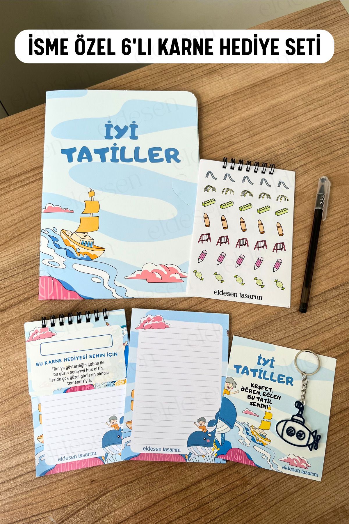 Eldesen Tasarım İsme Özel Karne Hediyesi 6'lı Set, Karne Kılıfı, Spiralli Defter, Anahtarlık, Etiket, Bloknot, Kalem
