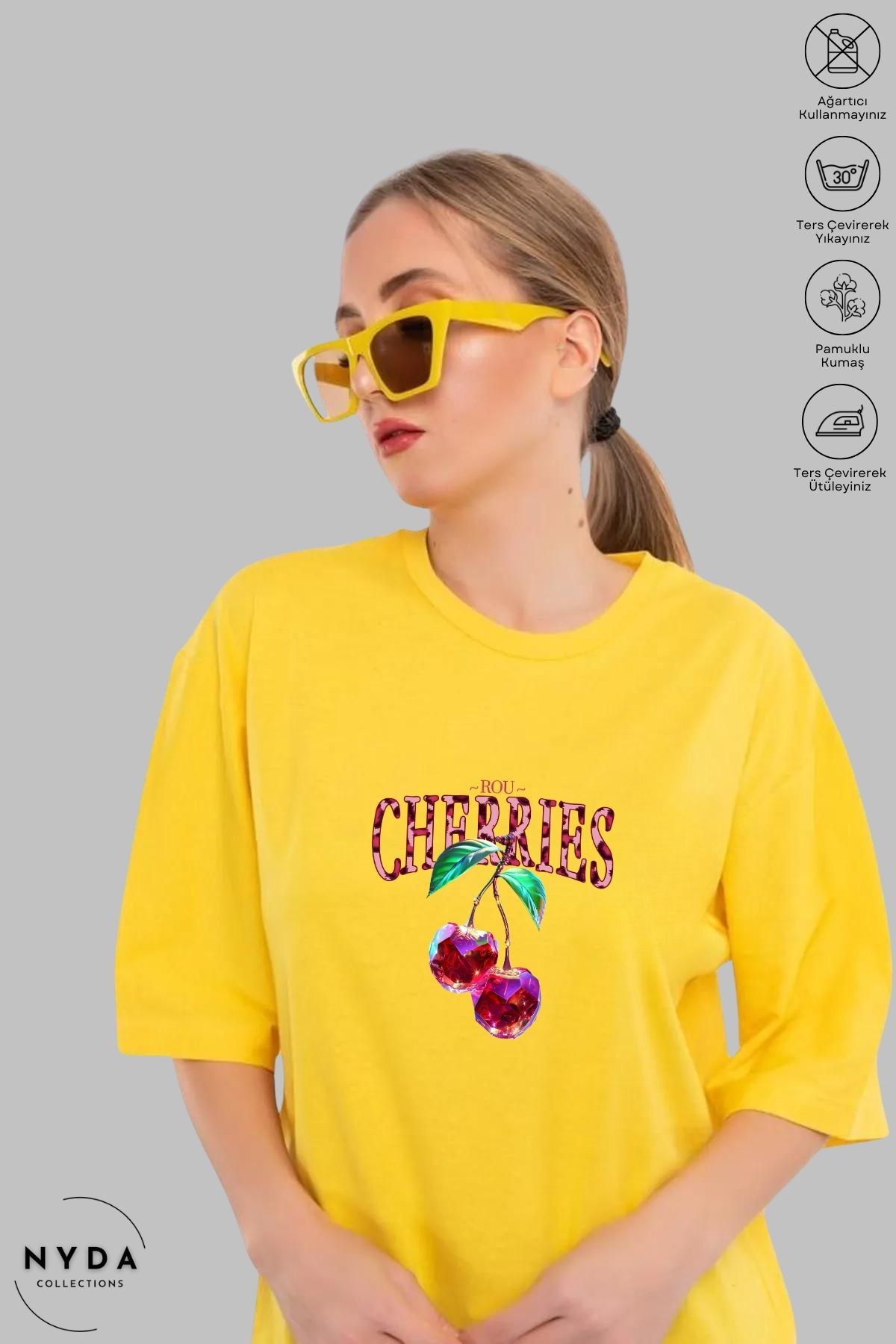 Nyda Collections Kadın Bisiklet Yaka Kiraz Baskılı Pamuk Oversize Kısa Kollu Tişört