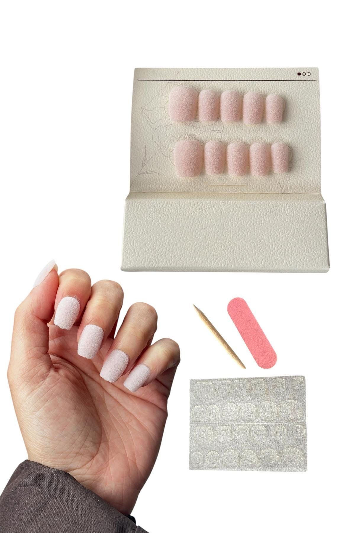 TAKIŞTIR Pembe Renk 10'lu Kadife Takma Tırnak (Yapıştırıcılı)