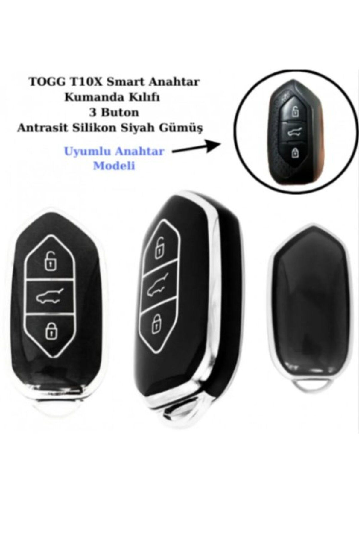 STİLİX GARAGE Togg T10x Uyumlu Anahtar Koruma kılıfı Siyah / Gümüş Detaylı Lütfen Anahtar Teyiti Yapınız