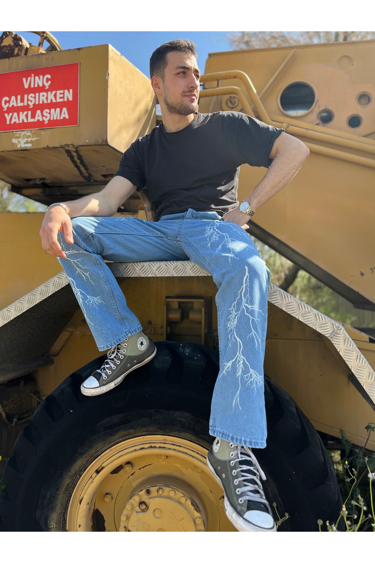 G Wear Erkek Şimşek Desenli Mavi Baggy Jeans