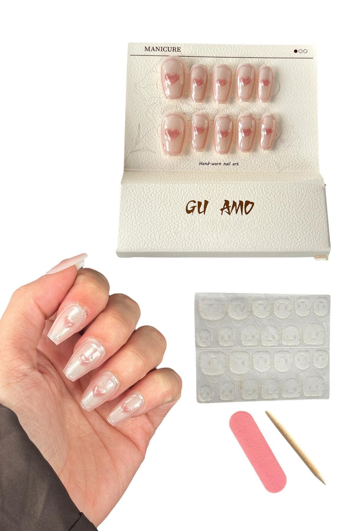 TAKIŞTIR Pembe Renk 10'lu Kalp Figürlü Jel Görünümlü Takma Tırnak Set (Yapıştırıcılı)