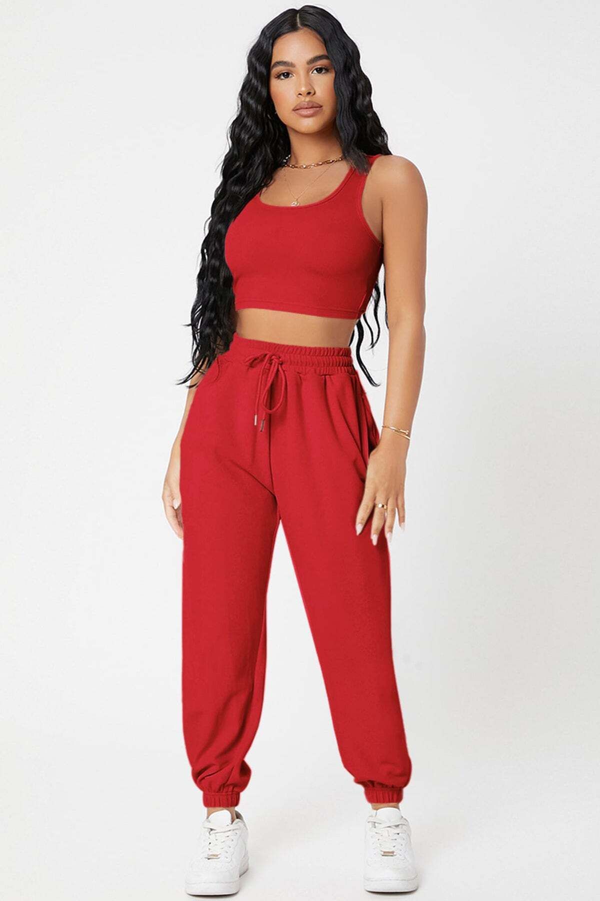 Ethab Ticaret Kadın Kırmızı Kaşkorse Cepli Jogger Eşofman Altı ve Crop Top Bluz