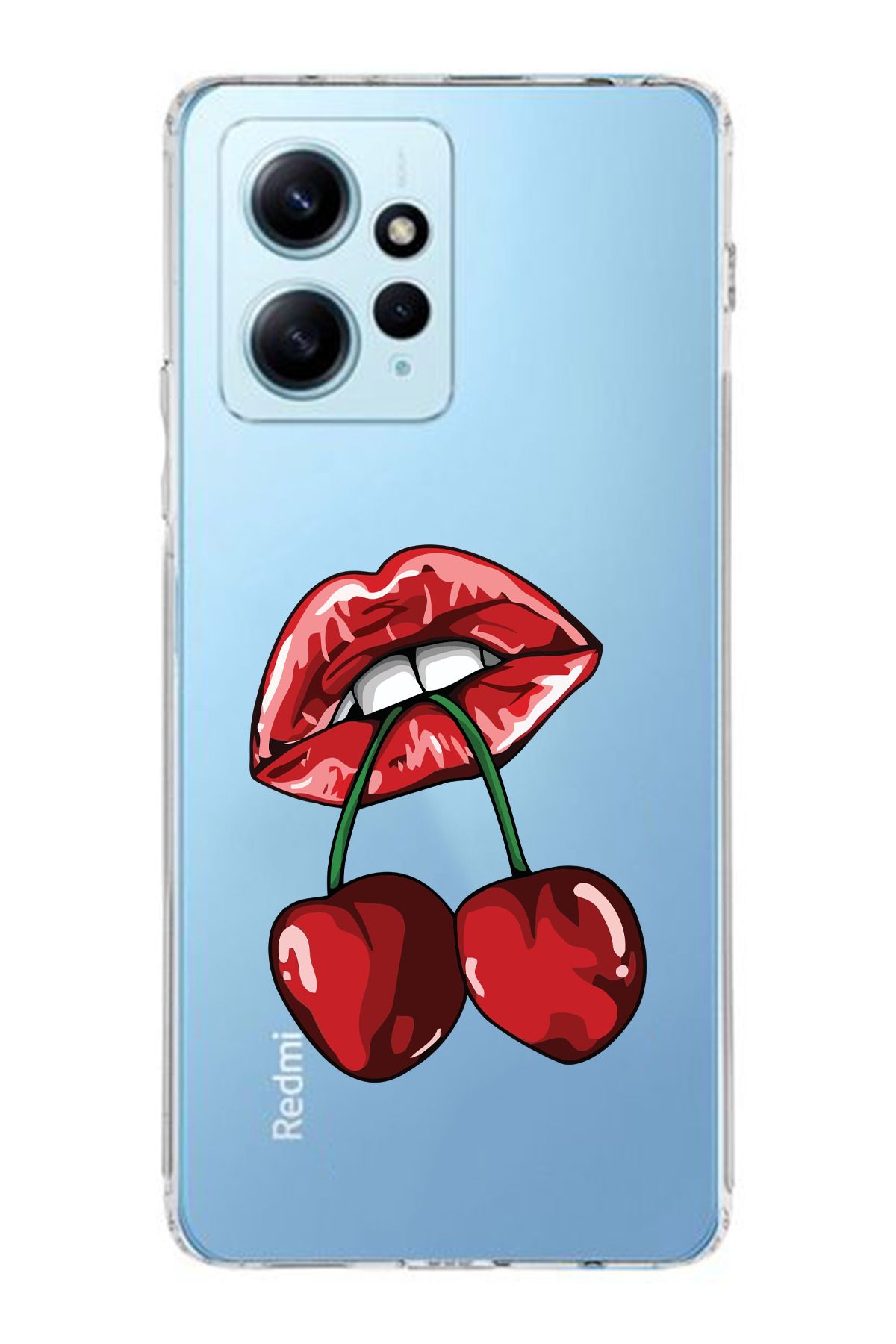 moonset Xiaomi Redmi Note 12 4G Uyumlu Dudak ve Kiraz Tasarımlı Baskılı Şeffaf Telefon Kılıfı