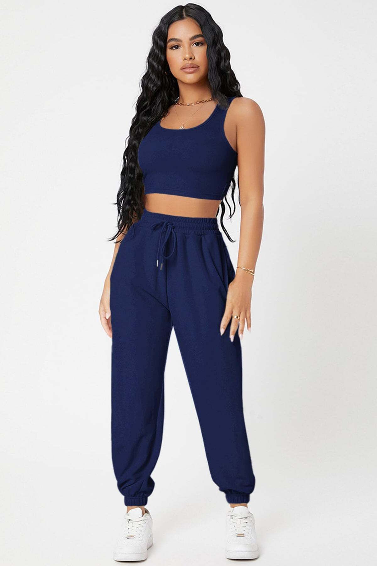 Ethab Ticaret Kadın Lacivert Kaşkorse Cepli Jogger Eşofman Altı ve Crop Top Bluz