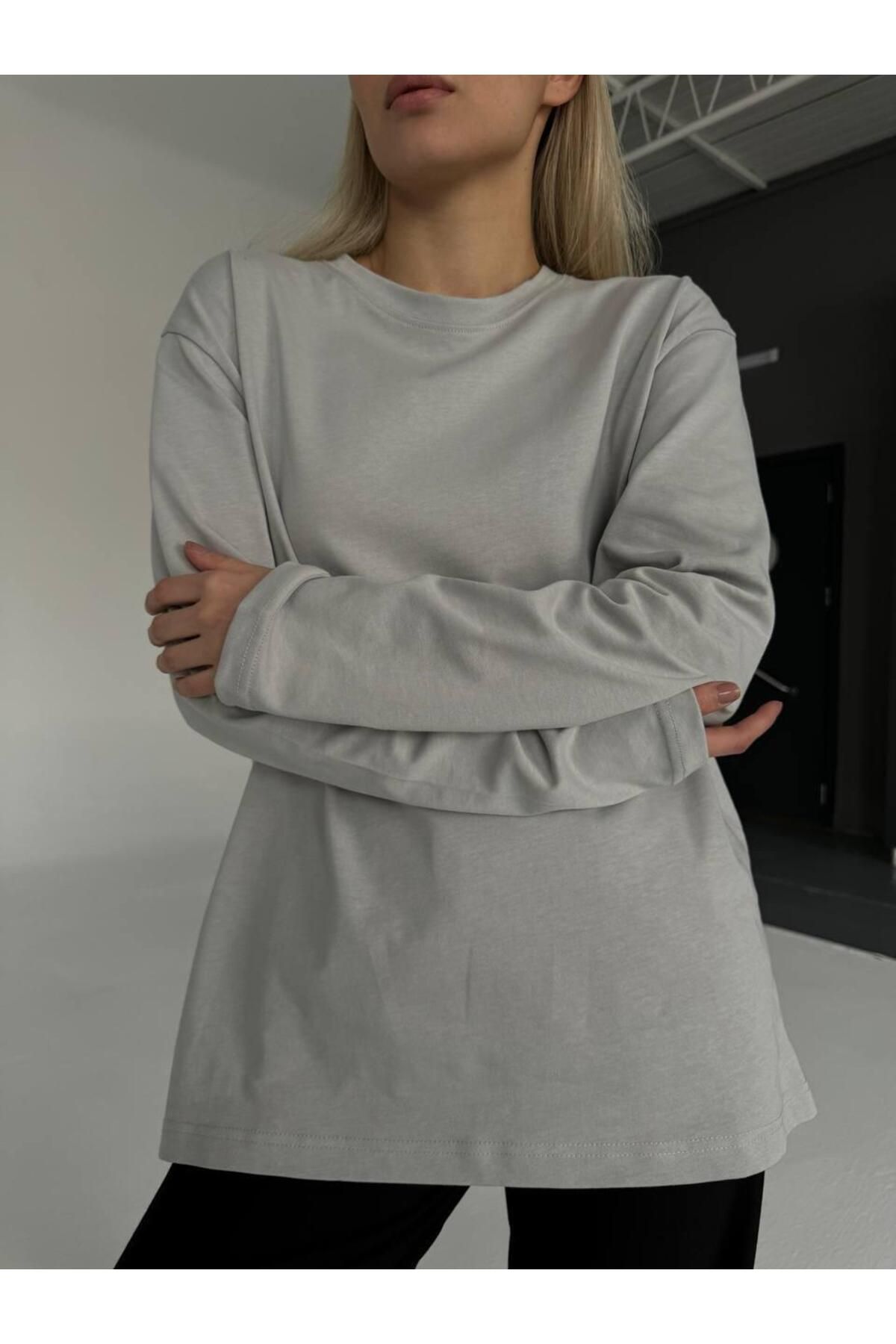 fatma keskin linna butik Kadın Uzun Kollu Bisiklet Yaka Basic Oversize T-shirt Gri