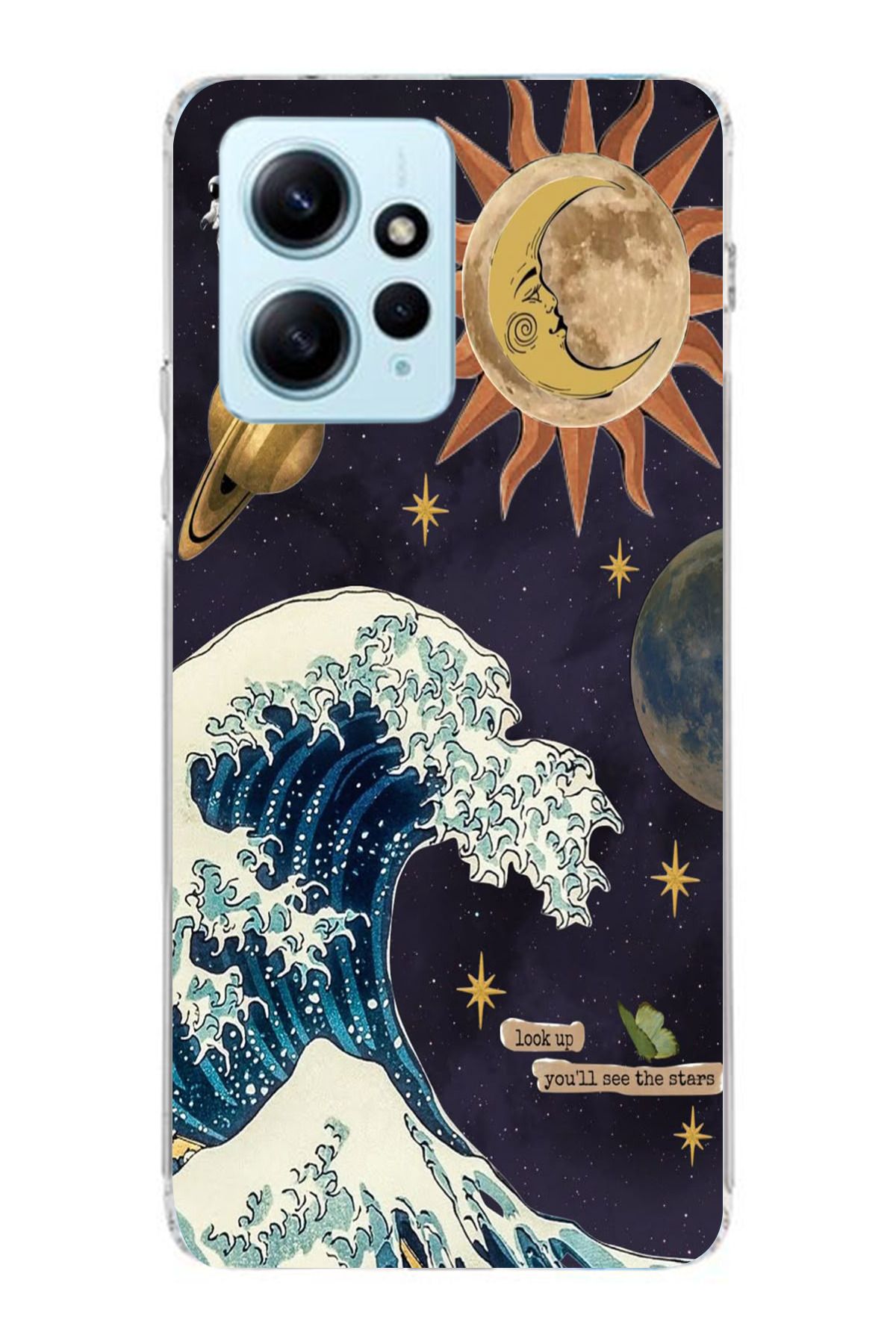 moonset Xiaomi Redmi Note 12 4G Uyumlu Dalga ve Güneş Tasarımlı Baskılı Şeffaf Telefon Kılıfı
