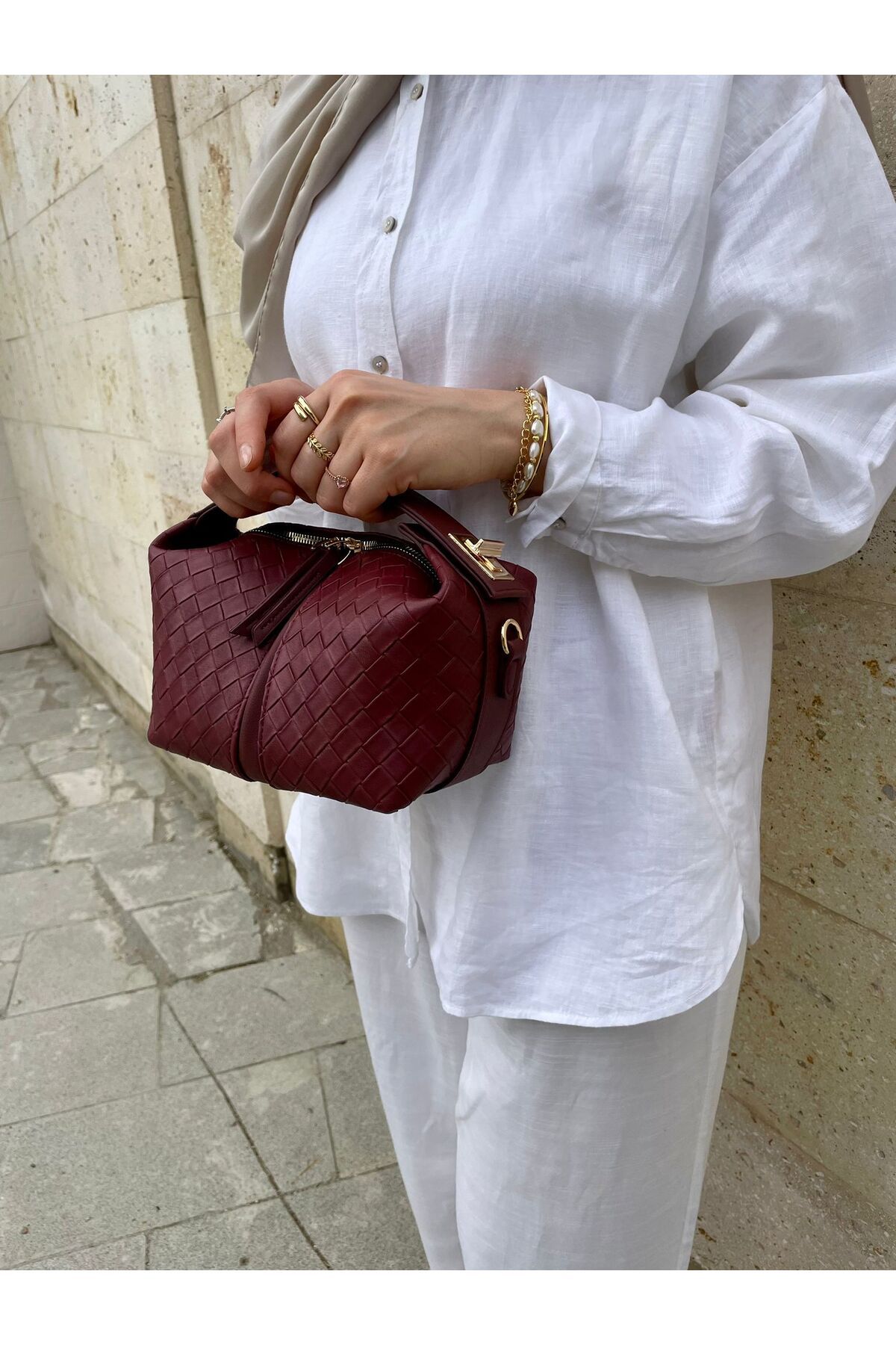 EBROU Kadın Giza Sandal Model Bordo El ve Omuz Çantası