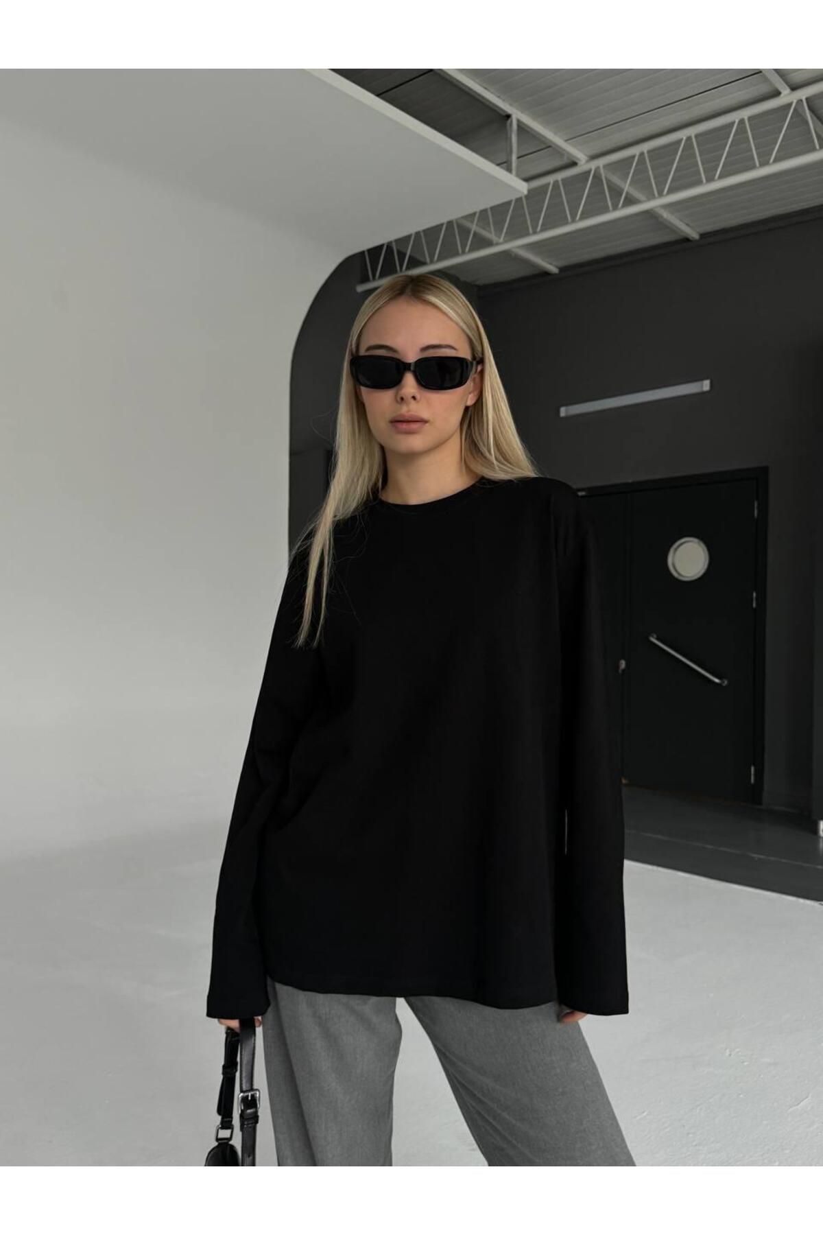fatma keskin linna butik Kadın Uzun Kollu Bisiklet Yaka Basic Oversize T-shirt Siyah