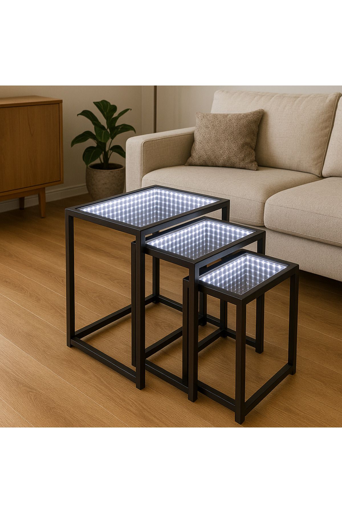 Harmoni Home LED Işıklı Infinity Mirror Zigon Sehpa Takımı – 3'lü Set