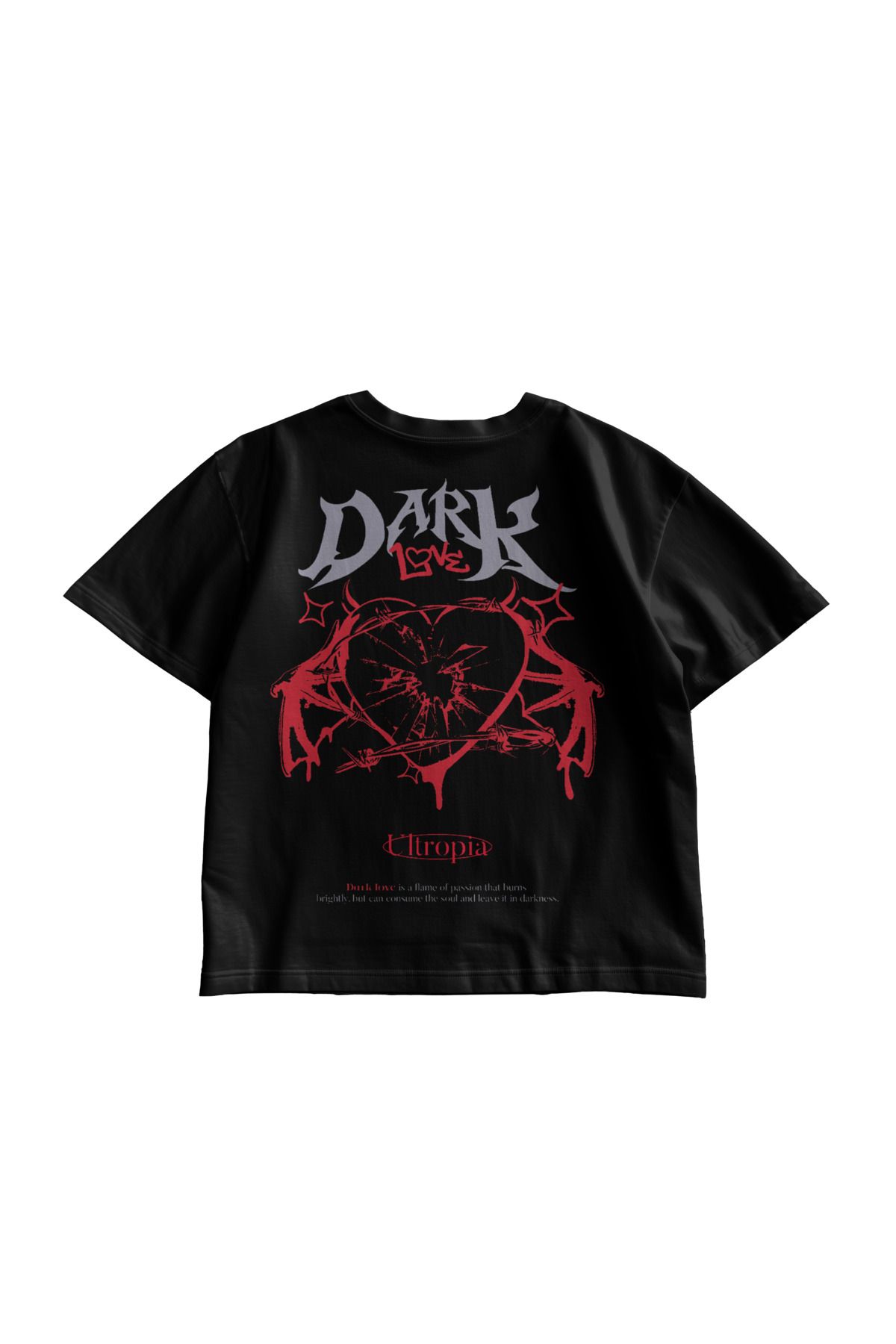 TresMonos Dark Love Kalp Baskılı Oversize Kısa Kesim Pamuklu Unisex Siyah Tişört