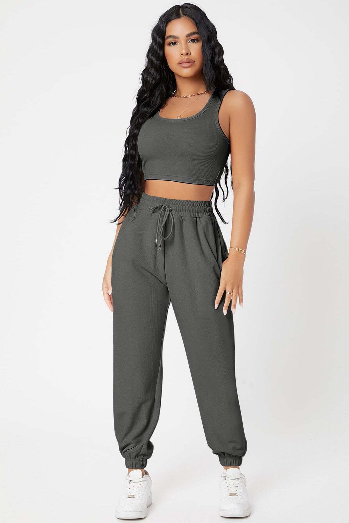 Ethab Ticaret Kadın Antrasit Gri Kaşkorse Cepli Jogger Eşofman Altı ve Crop Top Bluz