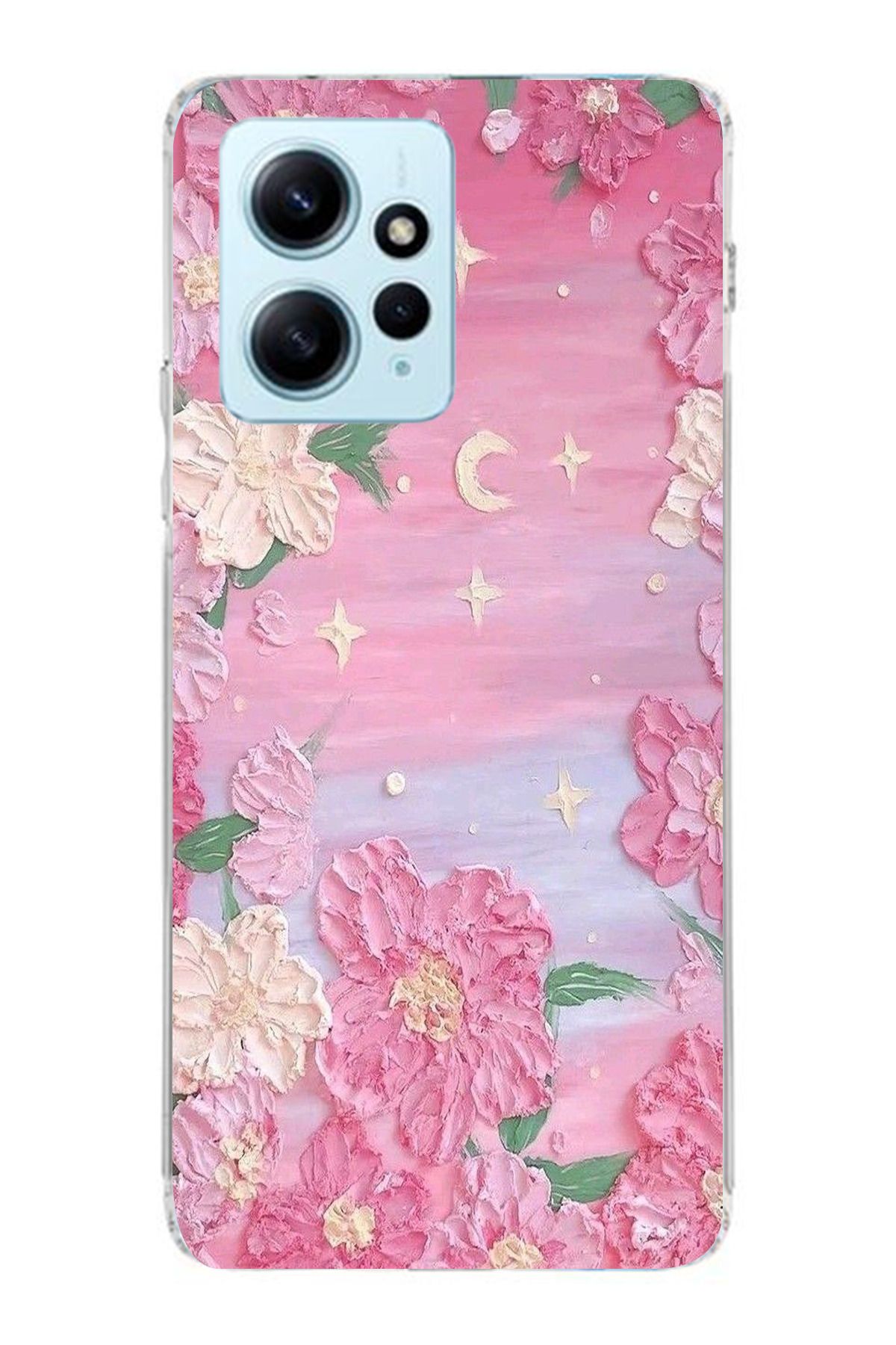 moonset Xiaomi Redmi Note 12 4G Uyumlu Pastel Çiçekler Tasarımlı Baskılı Şeffaf Telefon Kılıfı
