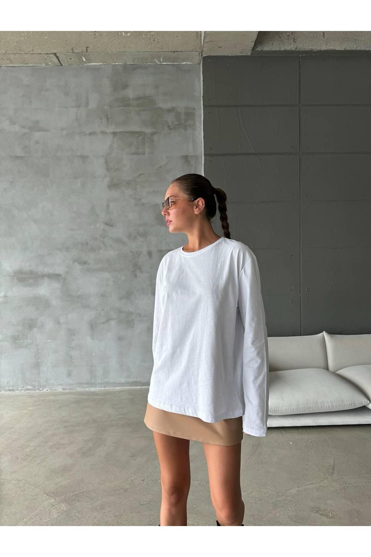 fatma keskin linna butik Kadın Uzun Kollu Bisiklet Yaka Basic Oversize T-shirt Beyaz