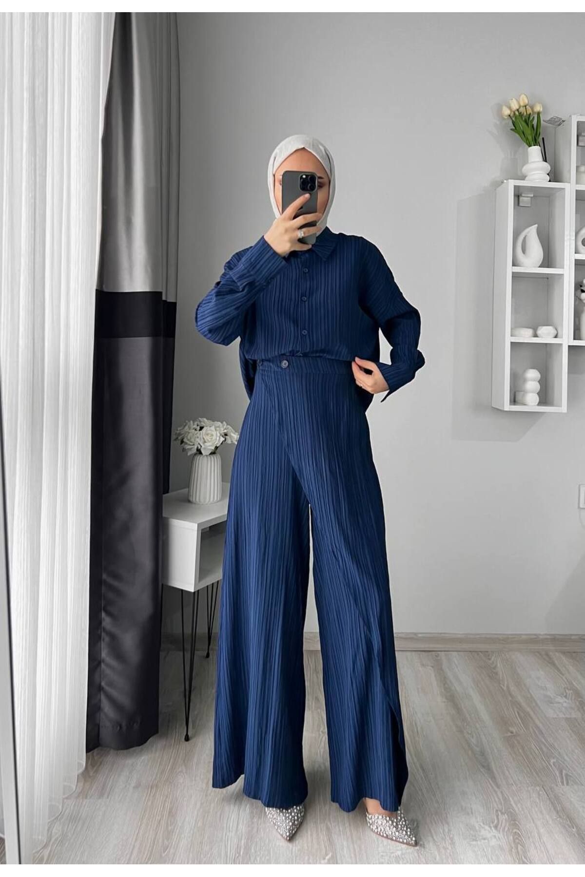 ALREMİYA Kadın Çilek Kumaş Gömlek Pantolon İkili Tesettür Takım