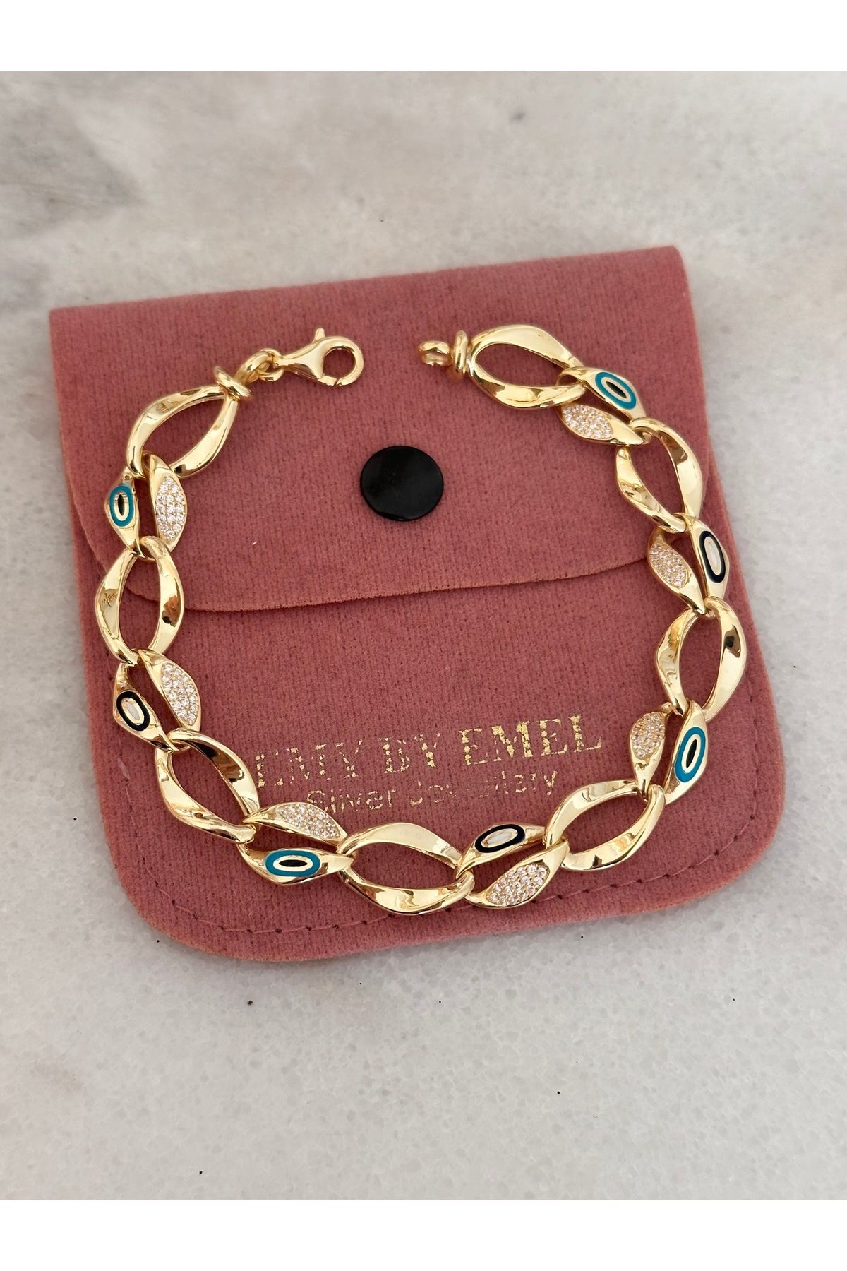 emy by emel luxury silver jewelry Altın Kaplama Nazar Boncuklu Kuyumcu Model Bileklik 925 Ayar Gümüş