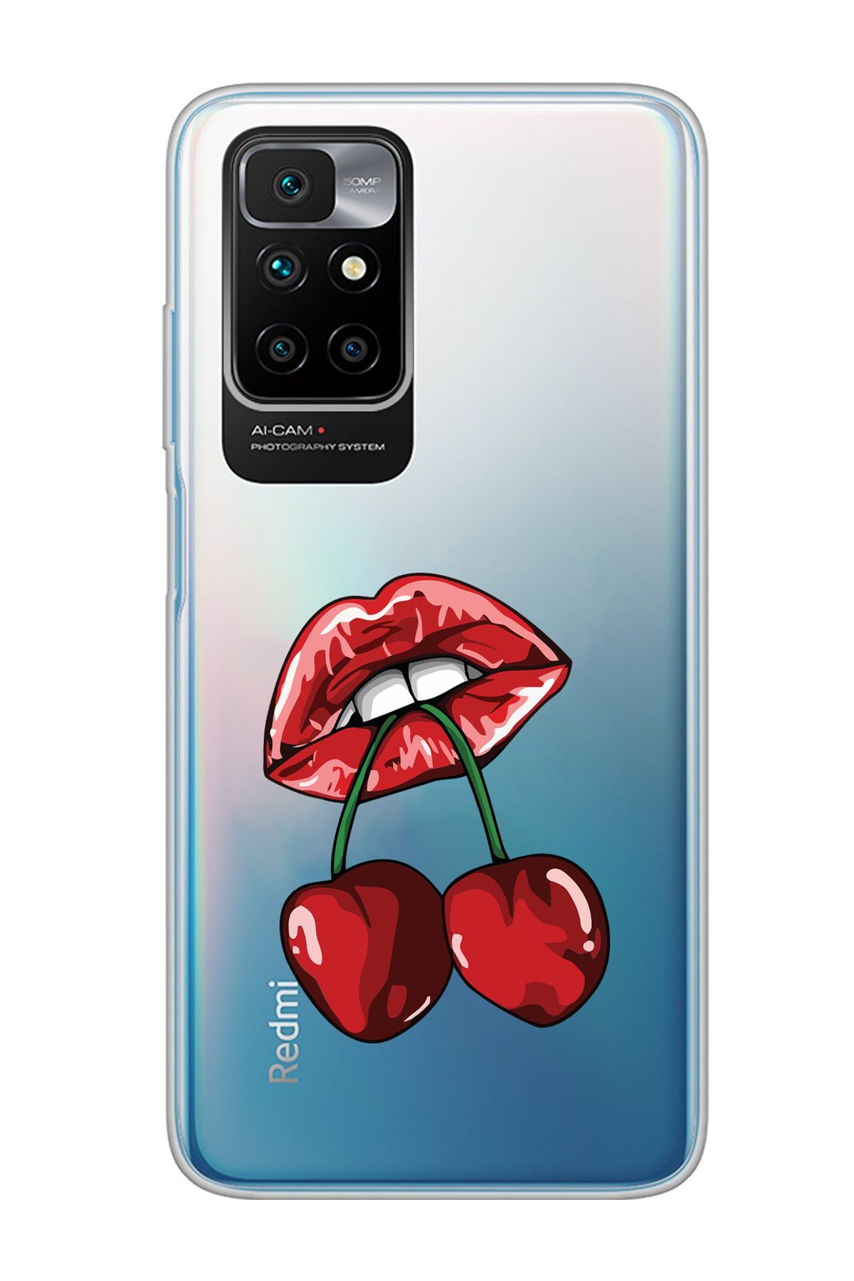moonset Xiaomi Redmi 10 2022 Uyumlu Dudak ve Kiraz Tasarımlı Baskılı Şeffaf Telefon Kılıfı