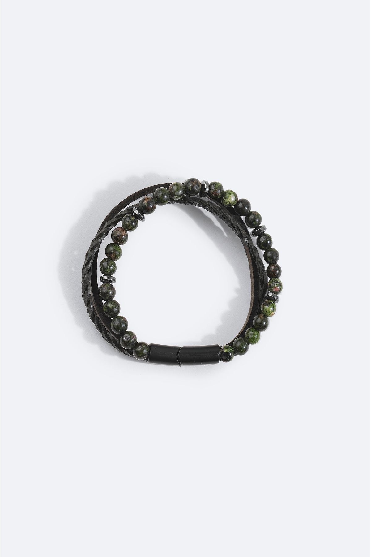 Avva-Men's Khaki Leather Ceyt and Hematite Stone Bracelet A42Y9614 4