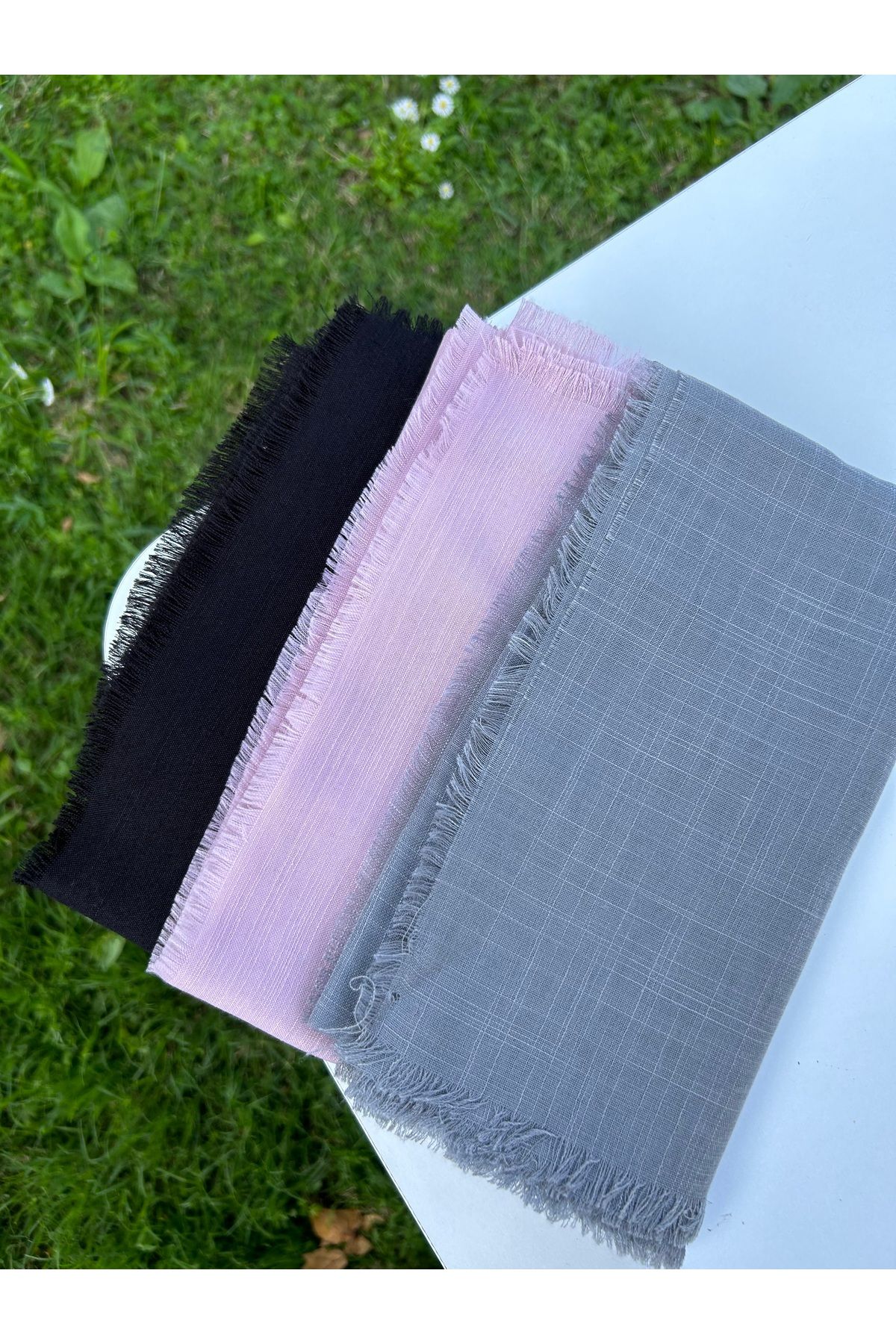 Sümeyye çeyiz 3 adet flamlı yazma 100x100 cm pamuklu tülbent (füme/ siyah/ pudra pembe)