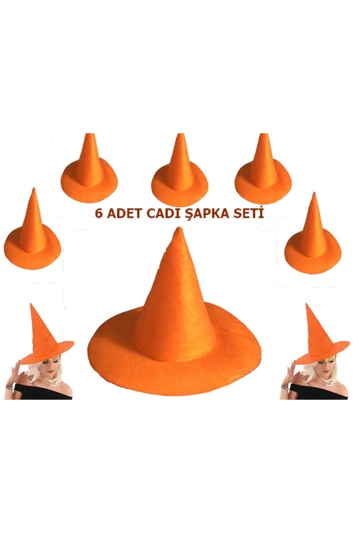 STOREMAX Turuncu Renk Keçe Cadı Şapkası Yetişkin Çocuk Uyumlu 6 Adet (5047)