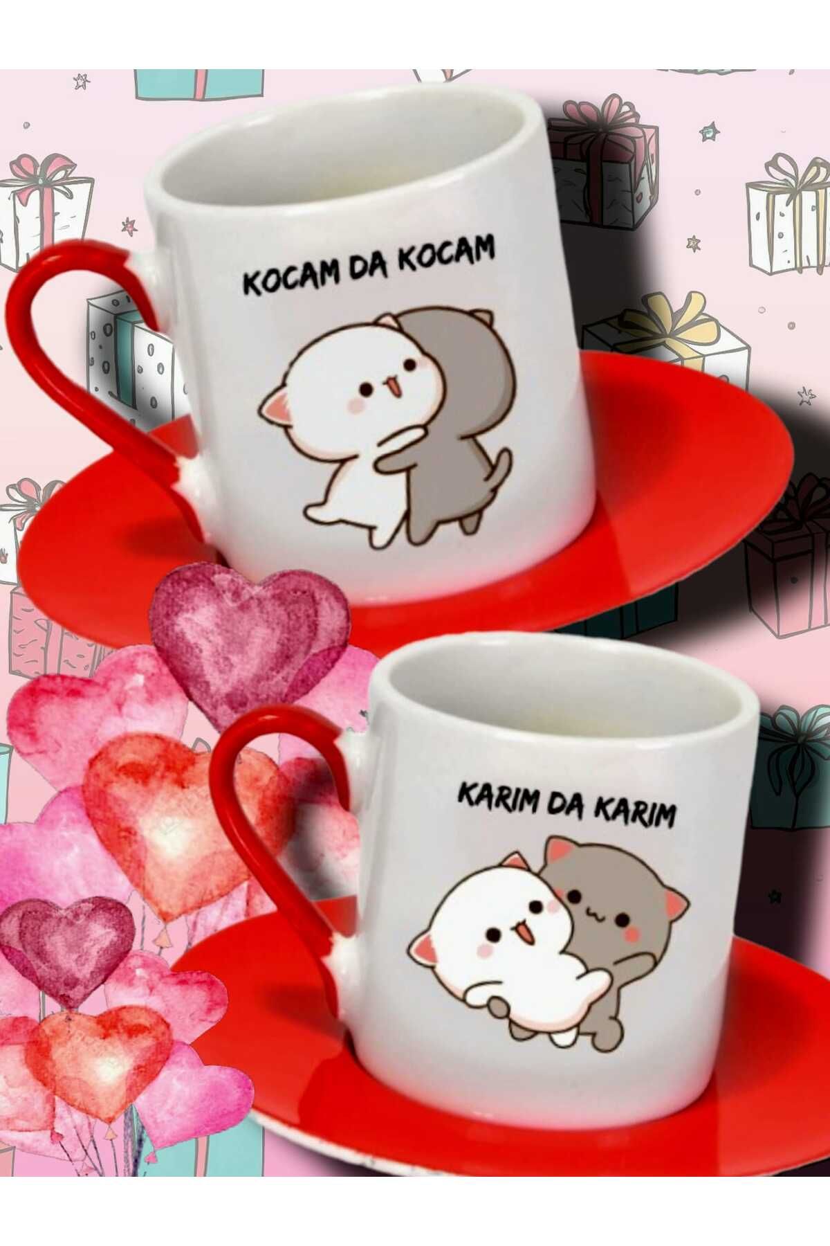 Tasarım "Karım da Karım" & "Kocam da Kocam" Baskılı Kırmızı Kulplu Çift Türk Kahvesi Fincanı