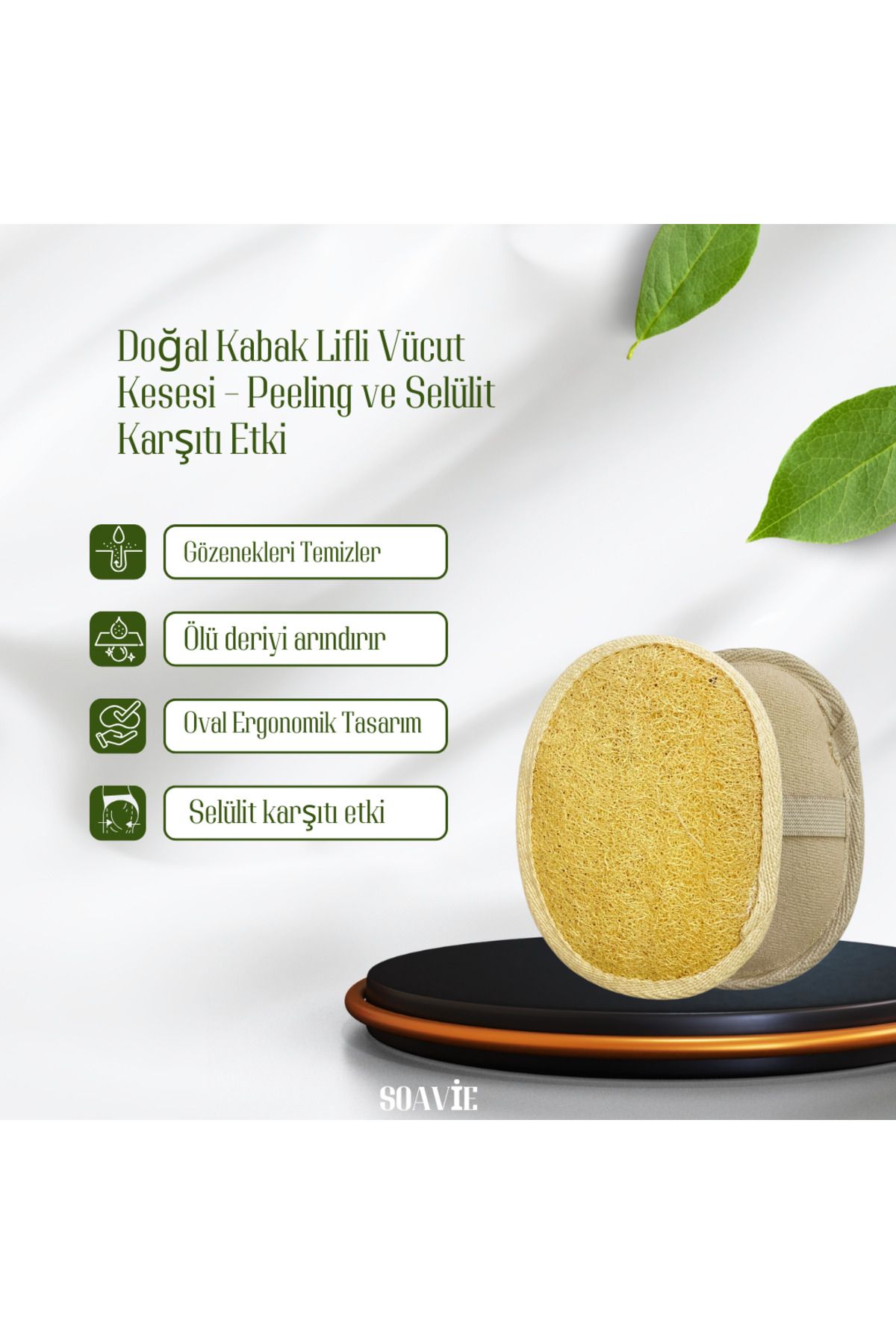 SOAVİE Doğal Kabak Lifli Oval Kese – Peeling Etkili, Cilt Arındırıcı, Organik Banyo Lifi
