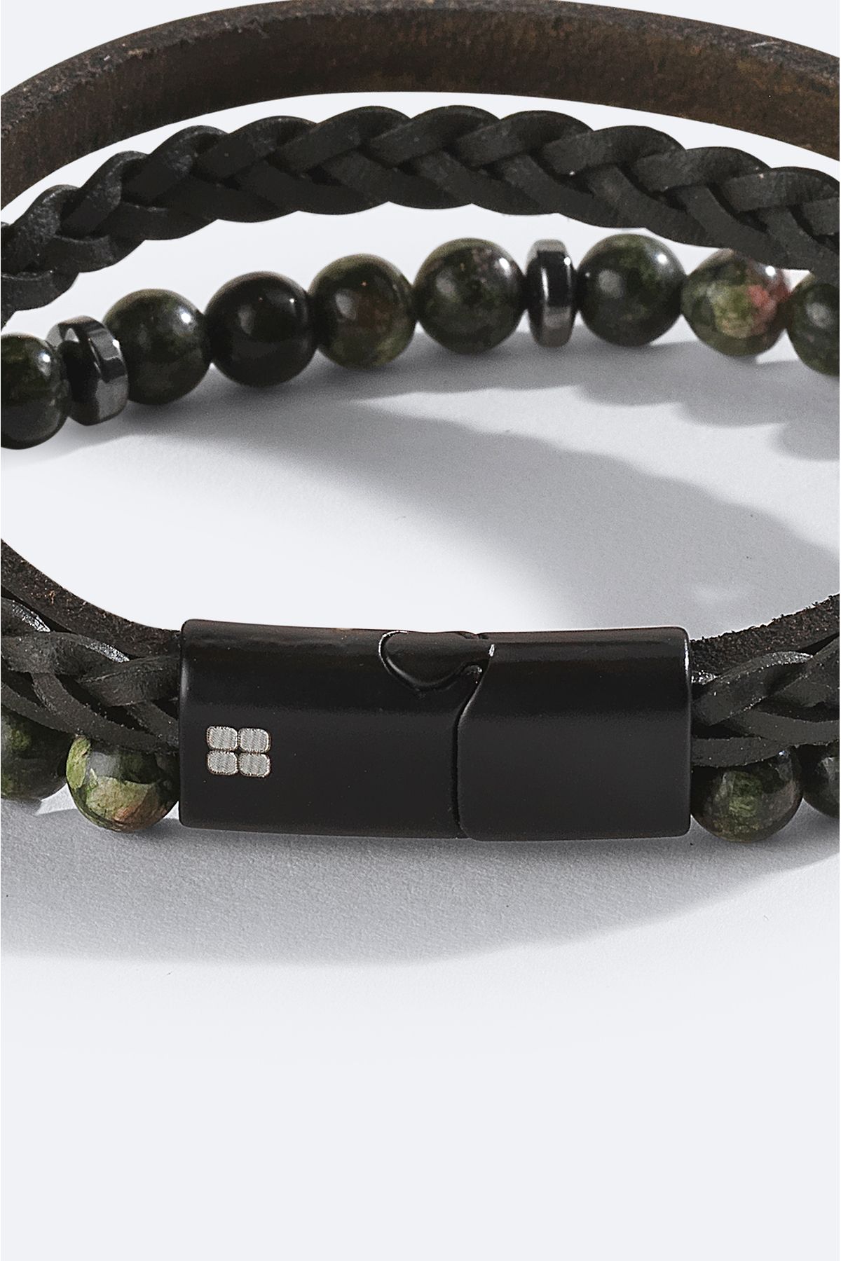 Avva-Men's Khaki Leather Ceyt and Hematite Stone Bracelet A42Y9614 3