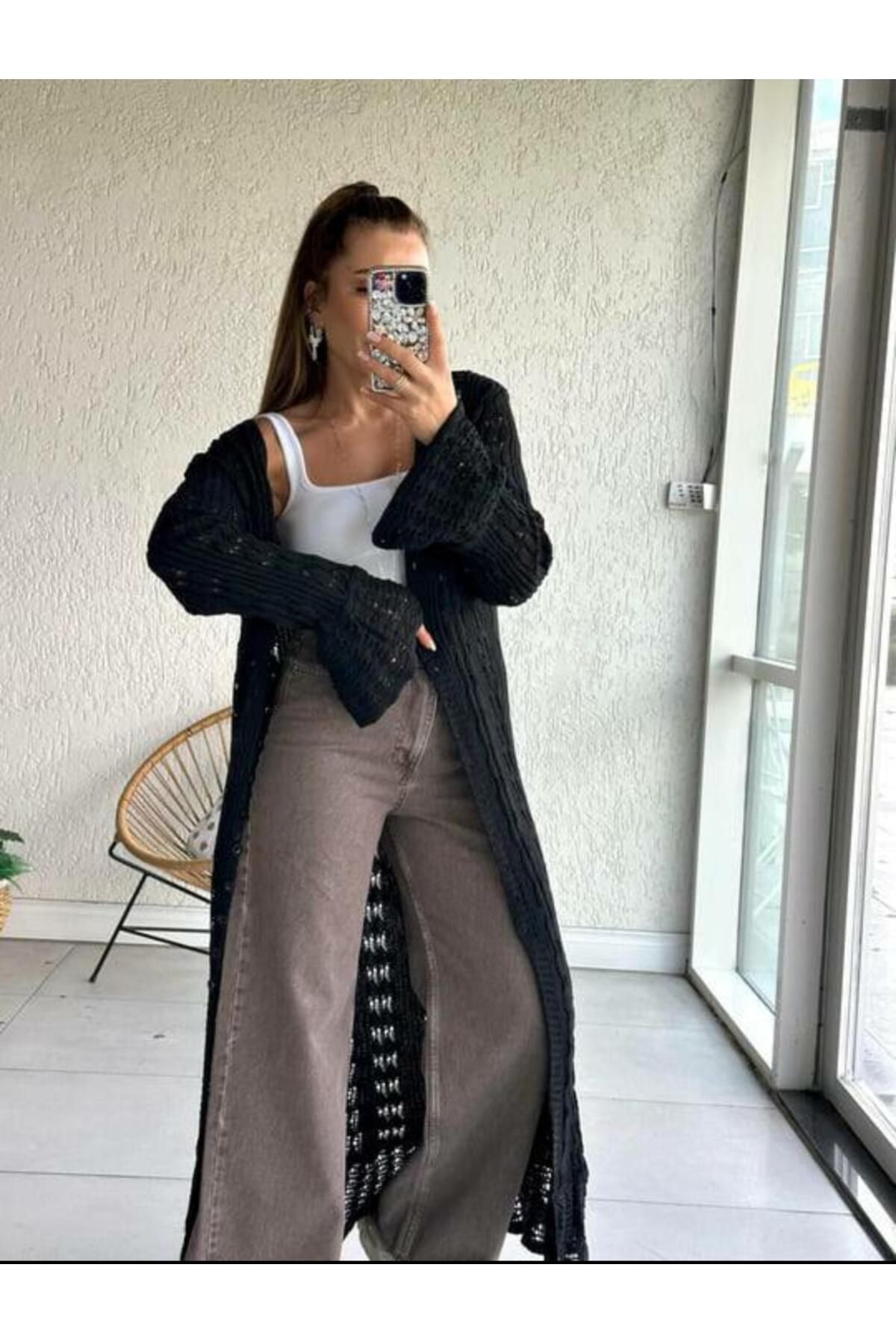Abalı Yeni sezon-- Pamuk Uzun Ajurlu Hırka .Alhawi model