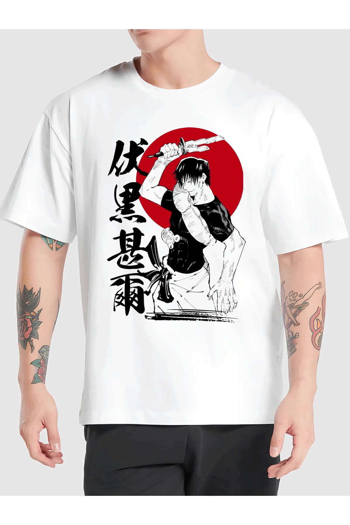 sielta Jujutsu Kaisen Anime Baskılı Bisiklet Yaka Oversize Kalıp Unisex Beyaz Tişört T-shirt