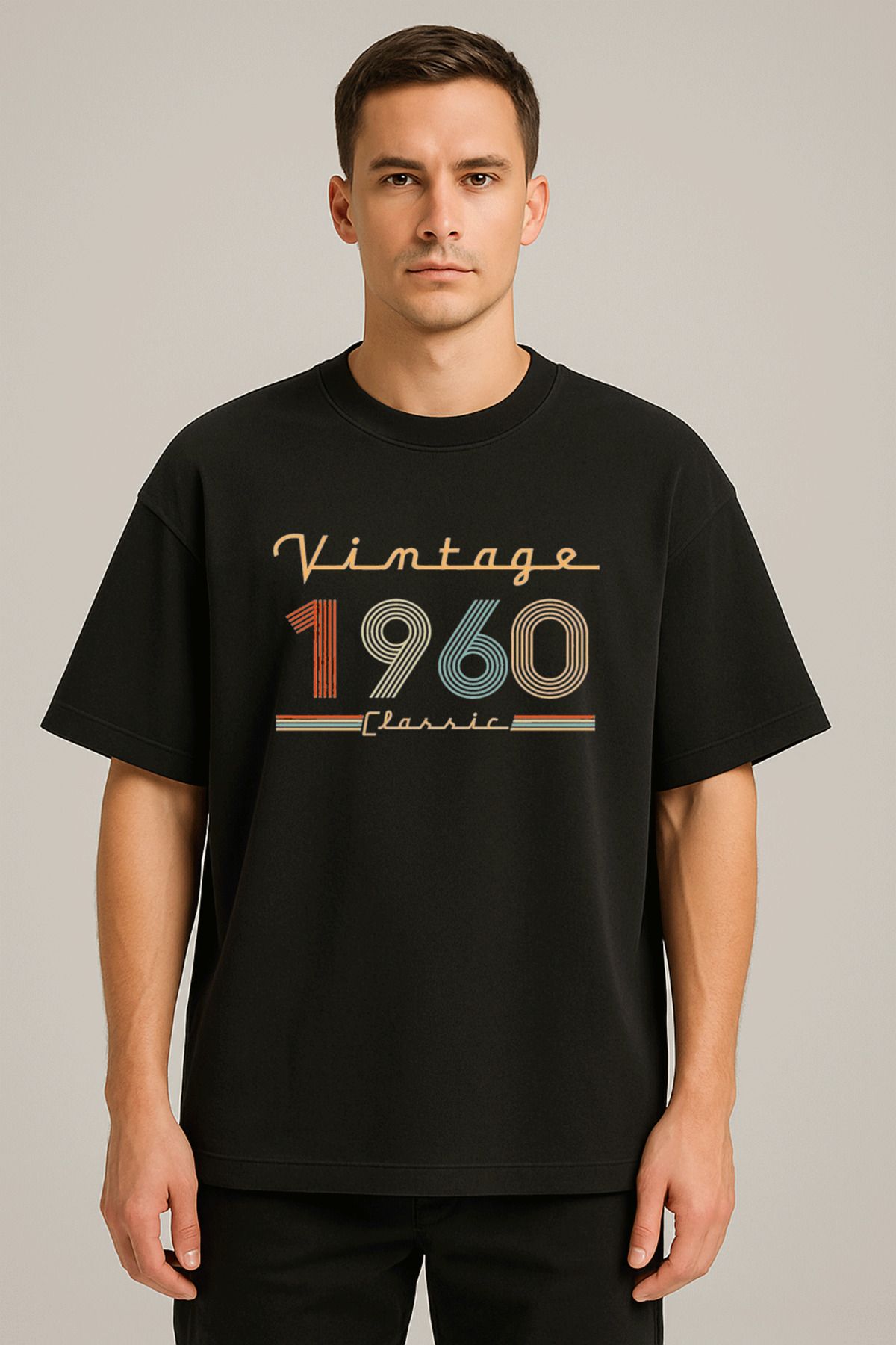 Darkia Vintage 1960 Baskılı Bisiklet Yaka Oversize Kalıp Unisex Siyah Tişört T-shirt