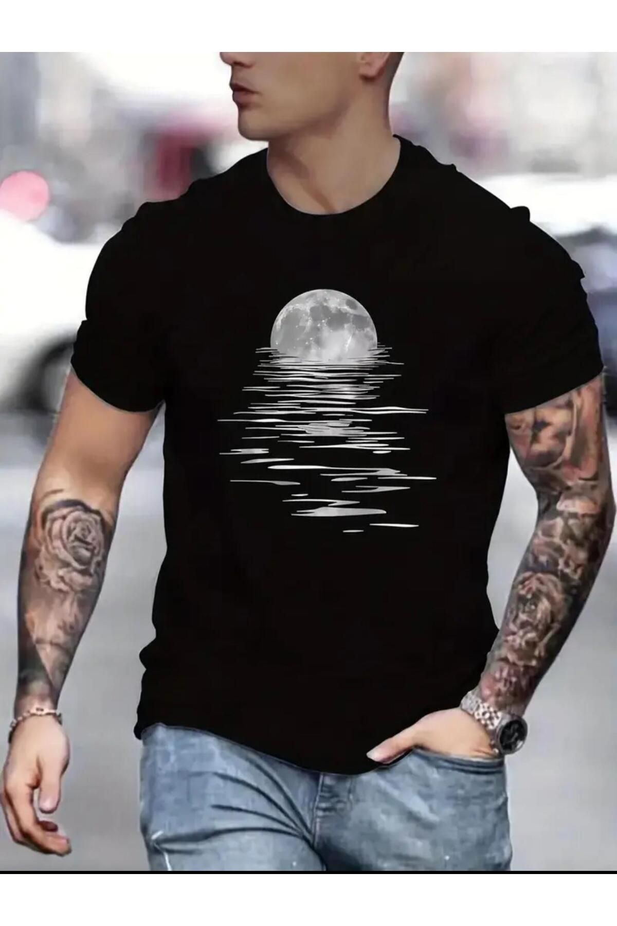 İnazuma Outdoors İnazuma Unisex Oversize Baskılı Pamuklu Bisiklet Yaka Kısa Kollu SİYAH T-shirt