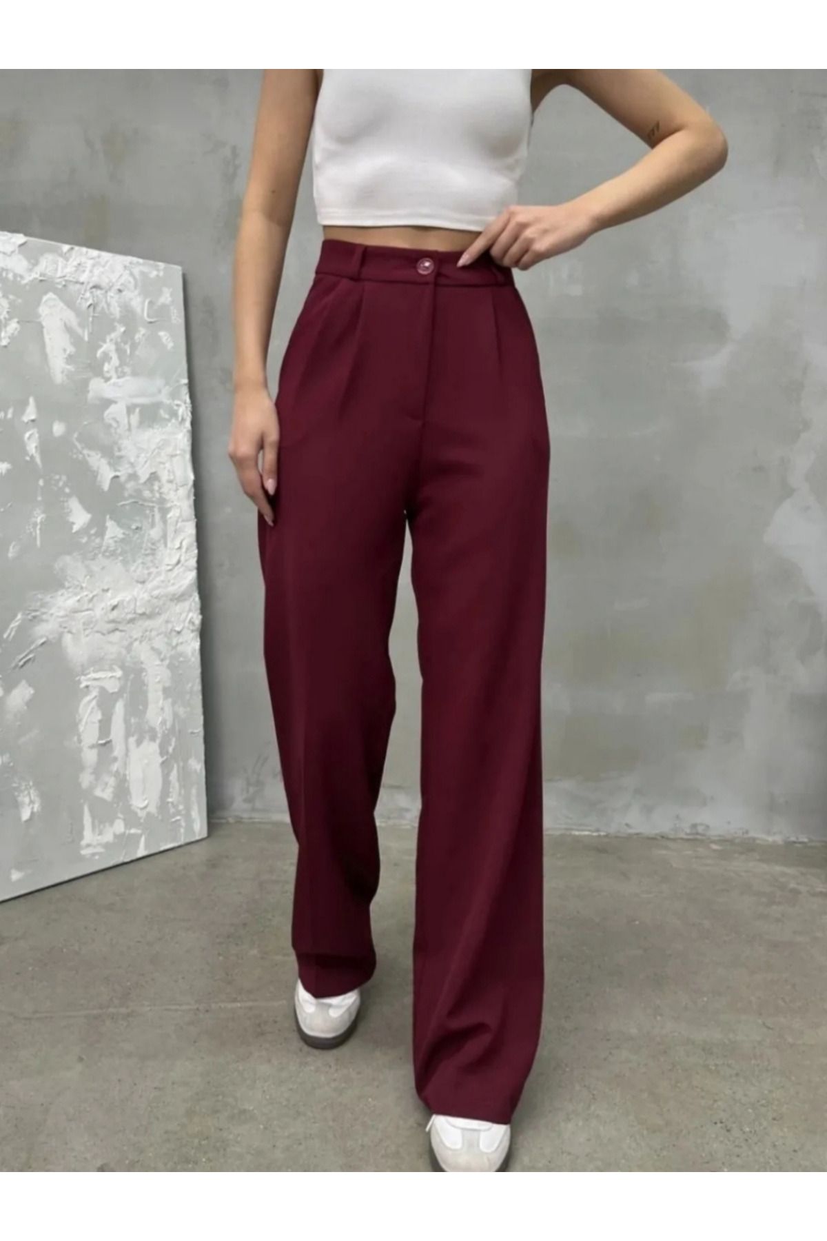MODA Kadın Bordo Pileli Palazzo Pantolon Premium Seri