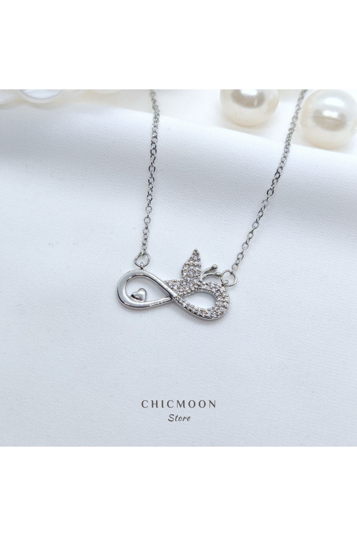 CHICMOON STORE Çelik Gümüş Rengi Kelebekli Sonsuzluk Kolye