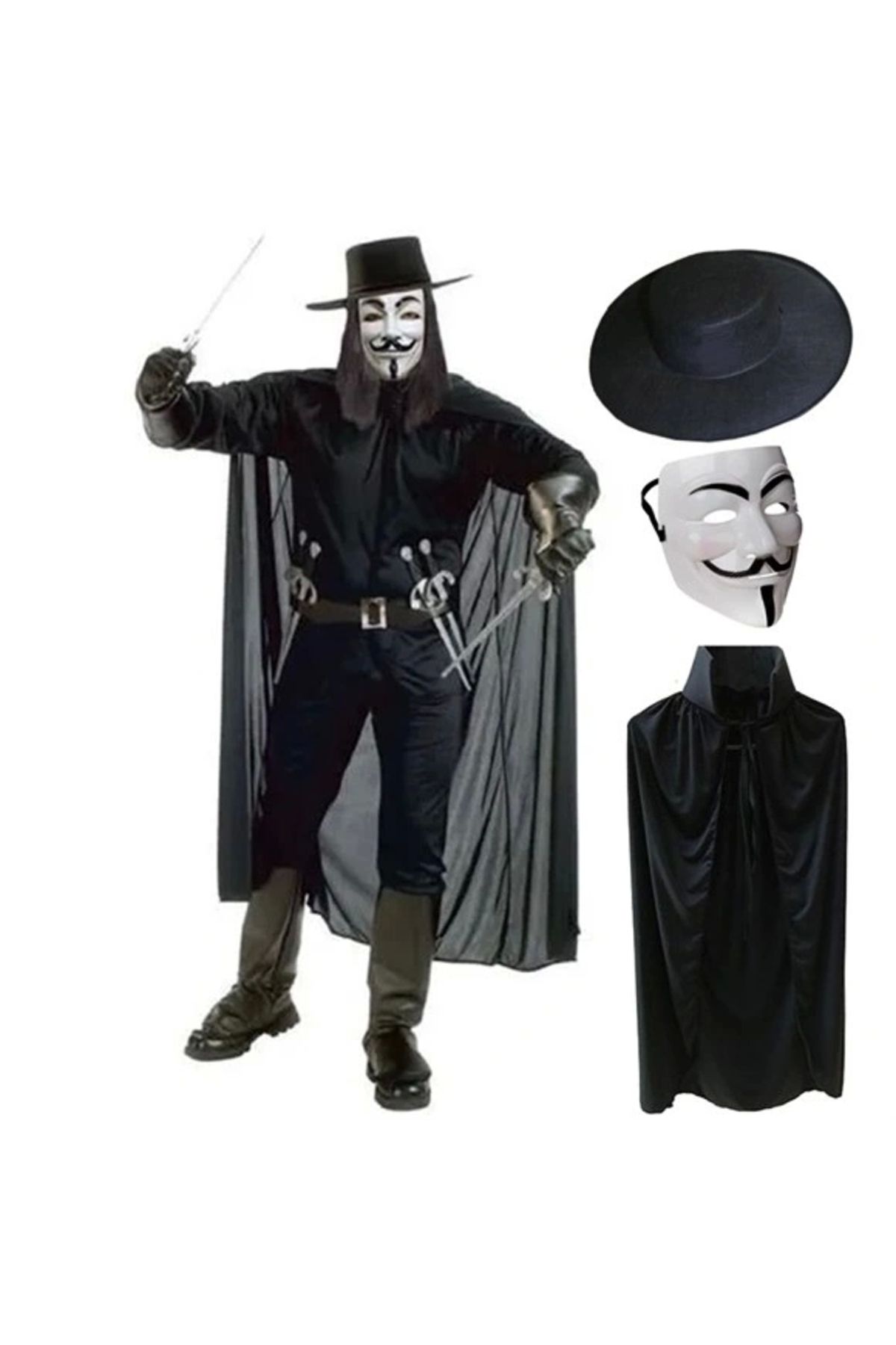 STOREMAX V For Vendetta Maskesi Şapkası ve Pelerin Kostüm Seti Yetişkin Boy (5047)
