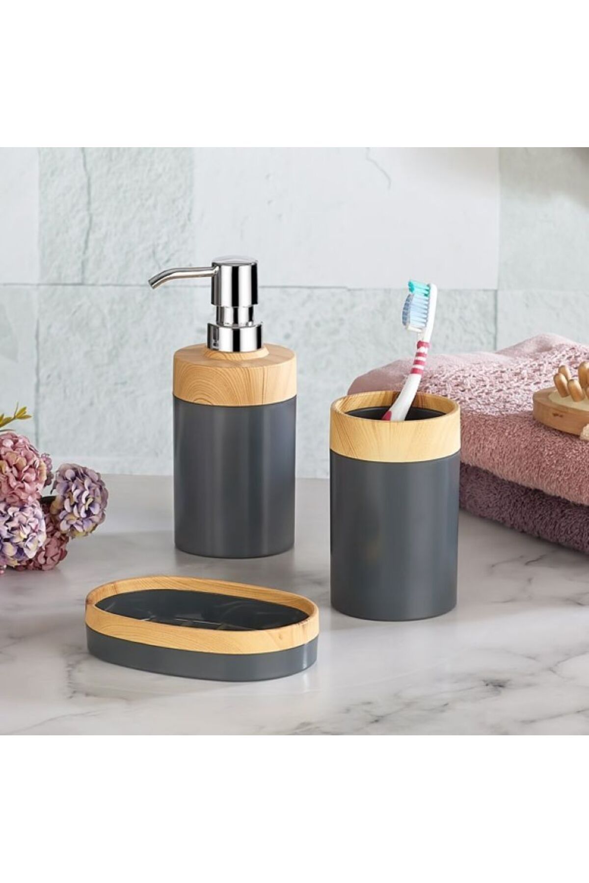 Leony Bambu Desenli 3 Parça Banyo Seti-Sıvı Sabunluk, Katı Sabunluk, Diş Fırçası Kutusu