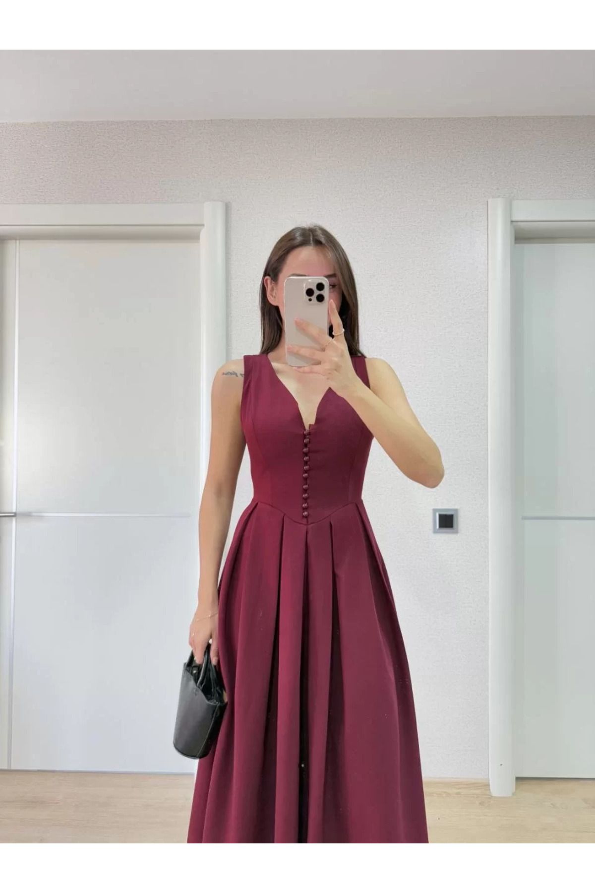 REKA MODA V yaka Uzun Kolsuz Elbise- Bordo