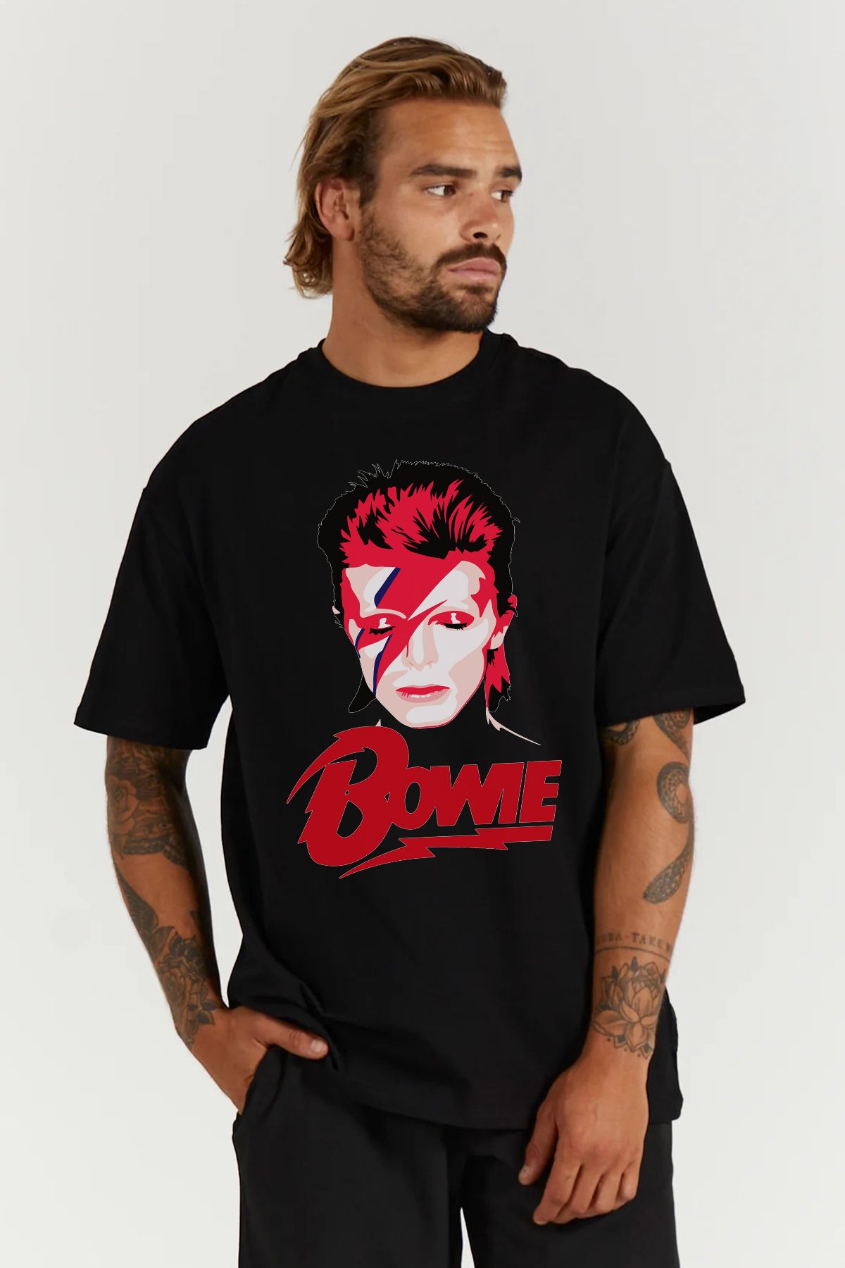 MODA David Bowie Ziggy Stardust Baskılı Siyah Erkek Oversize Tişört