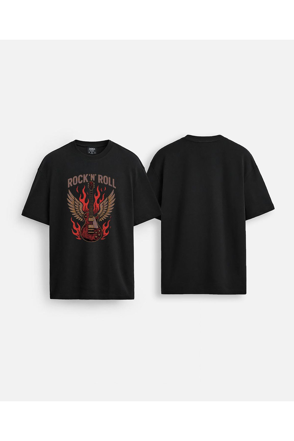 sielta Rock N Roll Baskılı Bisiklet Yaka Oversize Siyah Tişört T-shirt