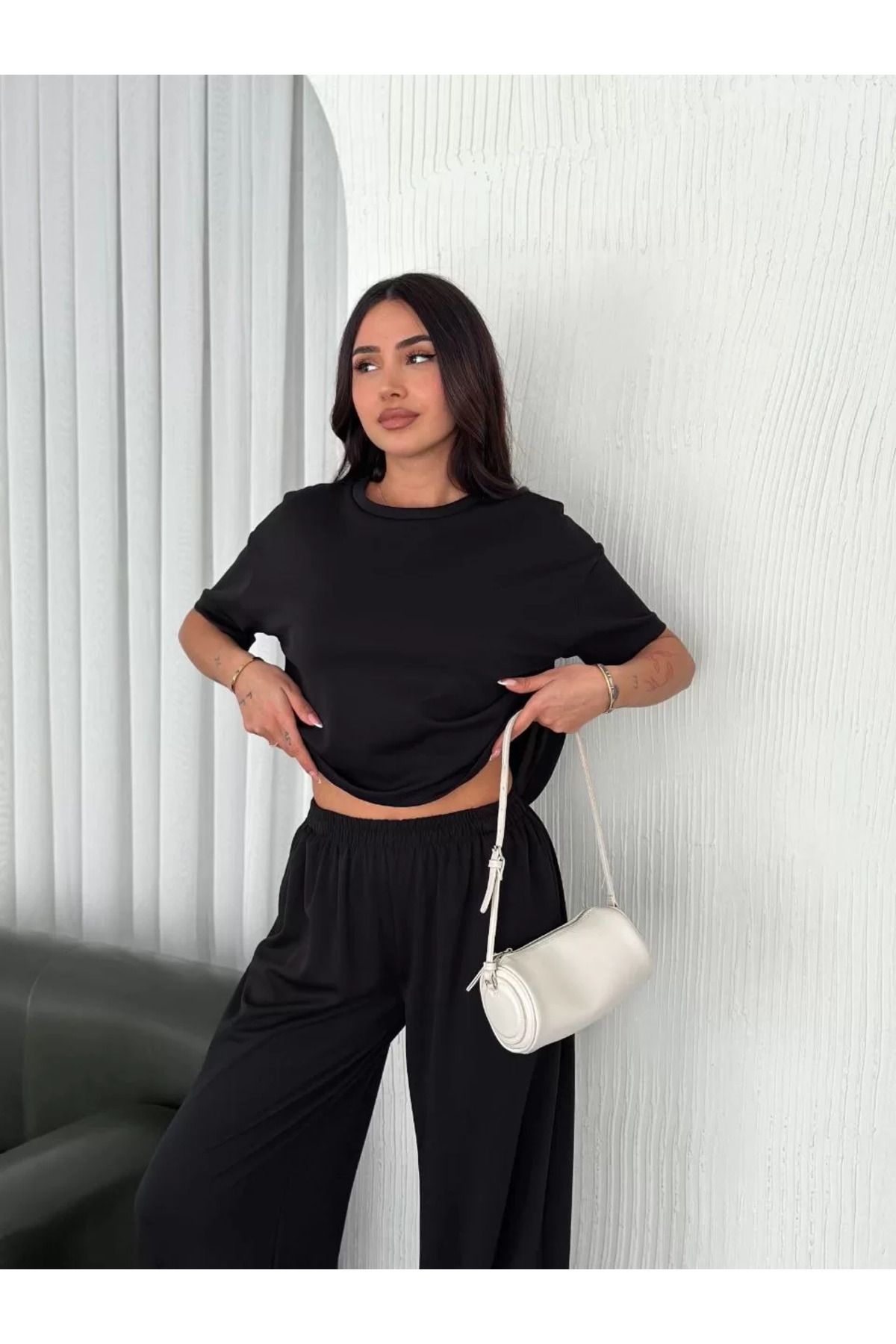 REKA MODA Osy Modal Yumuşak Dokulu Kumaş Bisiklet Yaka T-shirt Bol paça Pantalon ikili Takım -Siyah