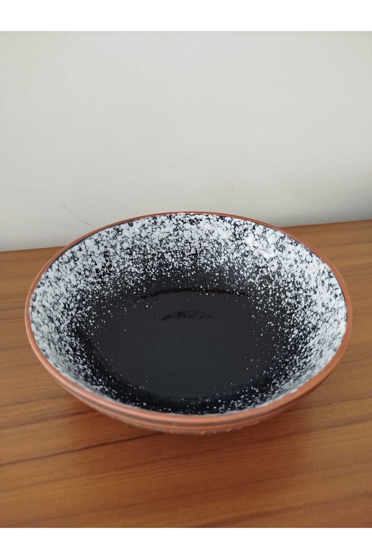 Cappadocia Family Store Dekoratif 25 cm Toprak Kazımalı Siyah & Beyaz Sırlı Sunumluk Kase