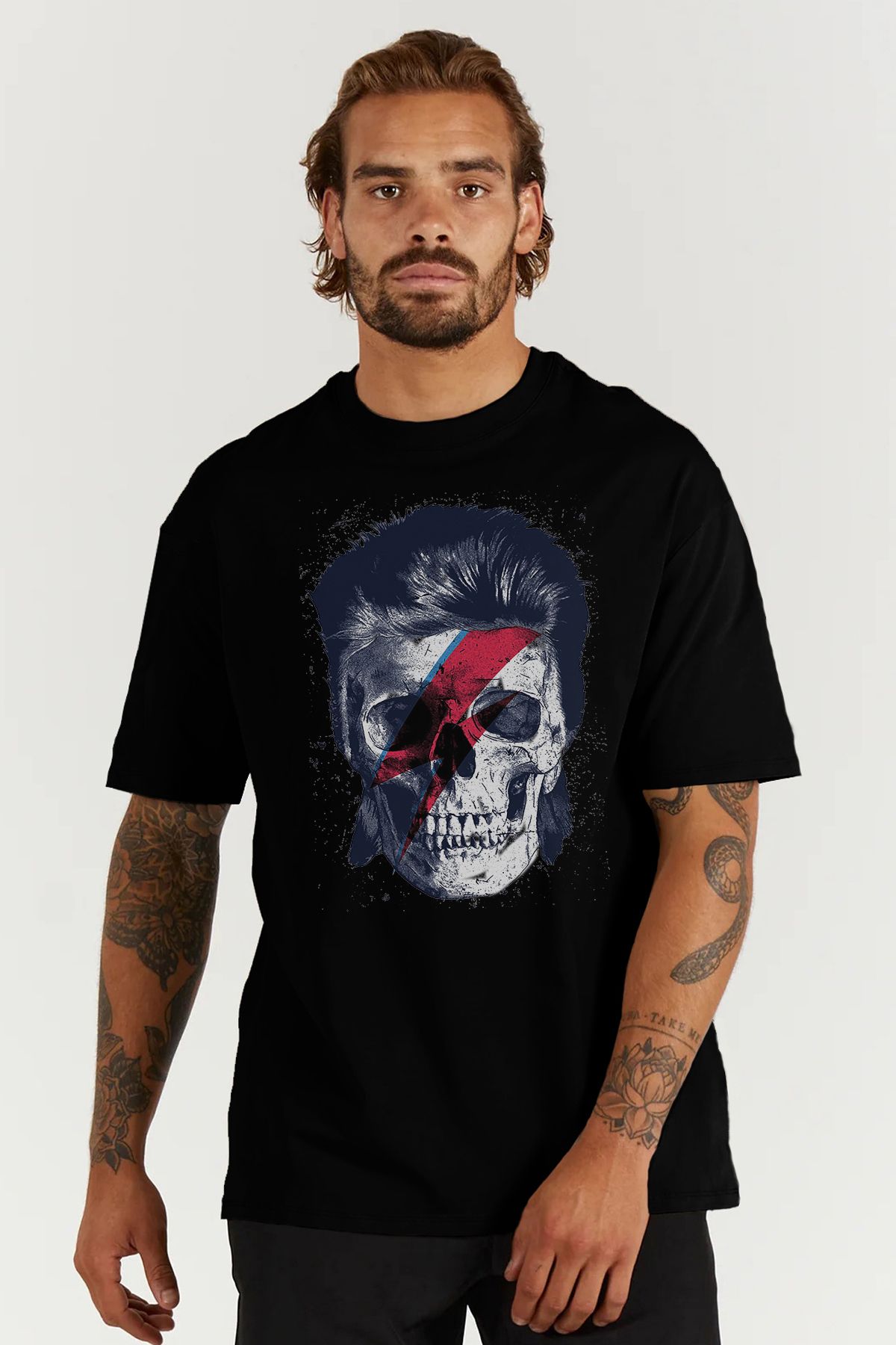 MODA David Bowie Ziggy Stardust Kuru Kafa Baskılı Siyah Erkek Oversize Tişört