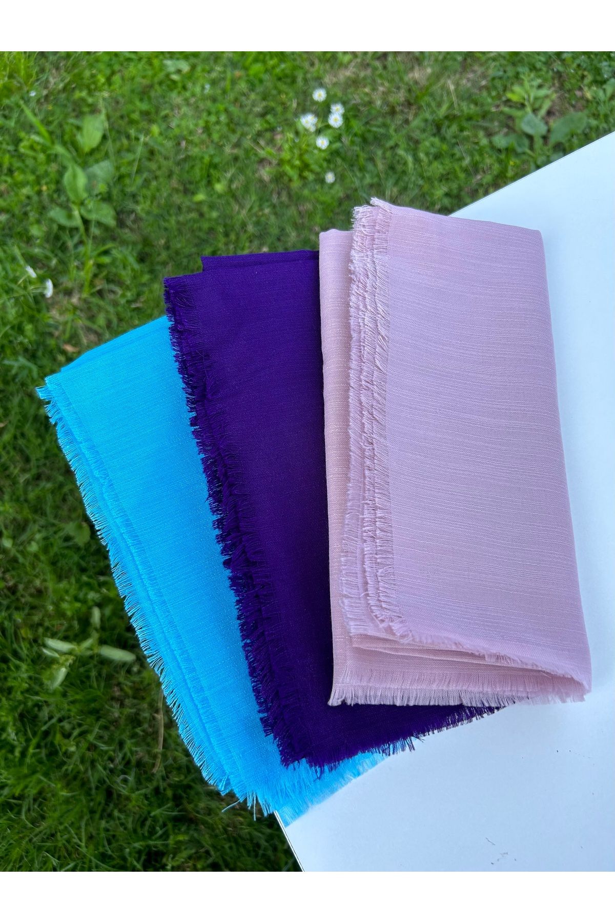 Sümeyye çeyiz 3 adet flamlı yazma 100x100 cm pamuklu tülbent (canlı mavi/ mor/ pudra)