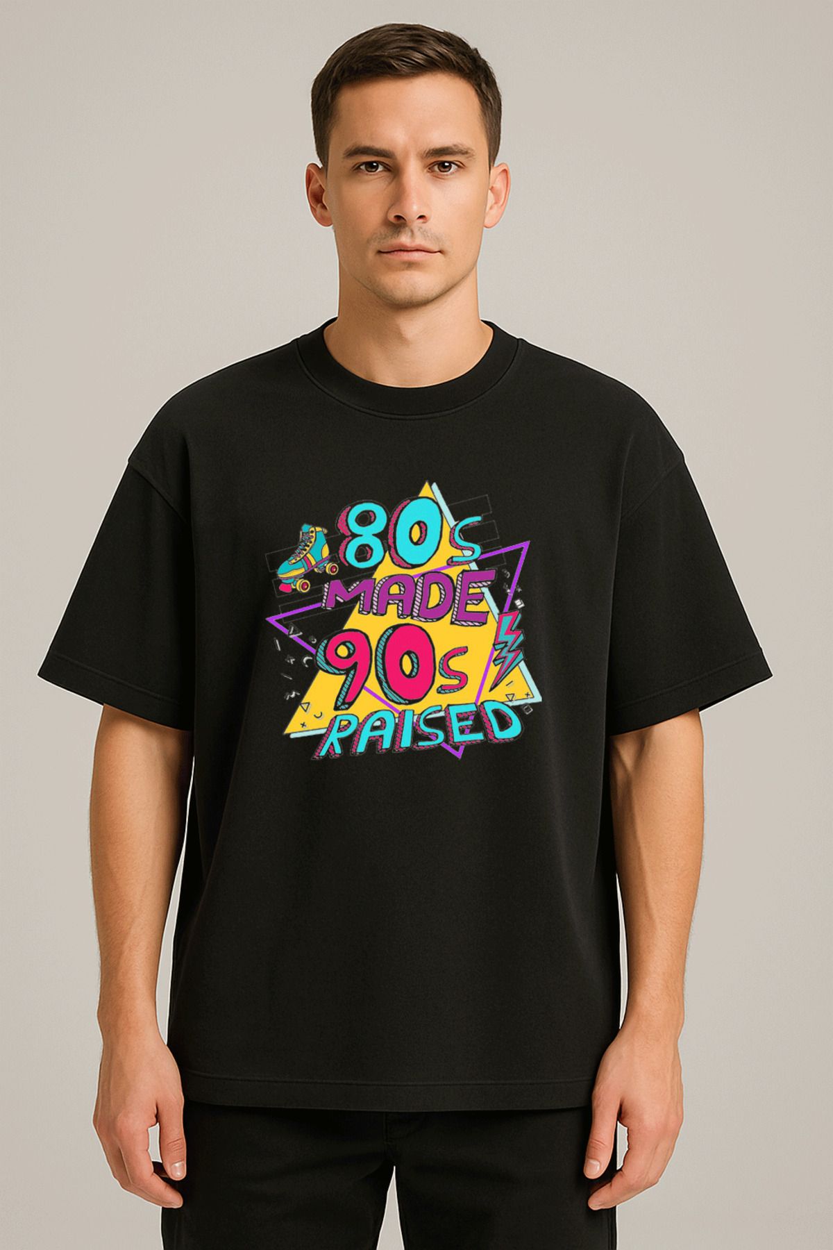 sielta I Love 80s Retro Vintage Baskılı Bisiklet Yaka Oversize Kalıp Unisex Siyah Tişört T-shirt