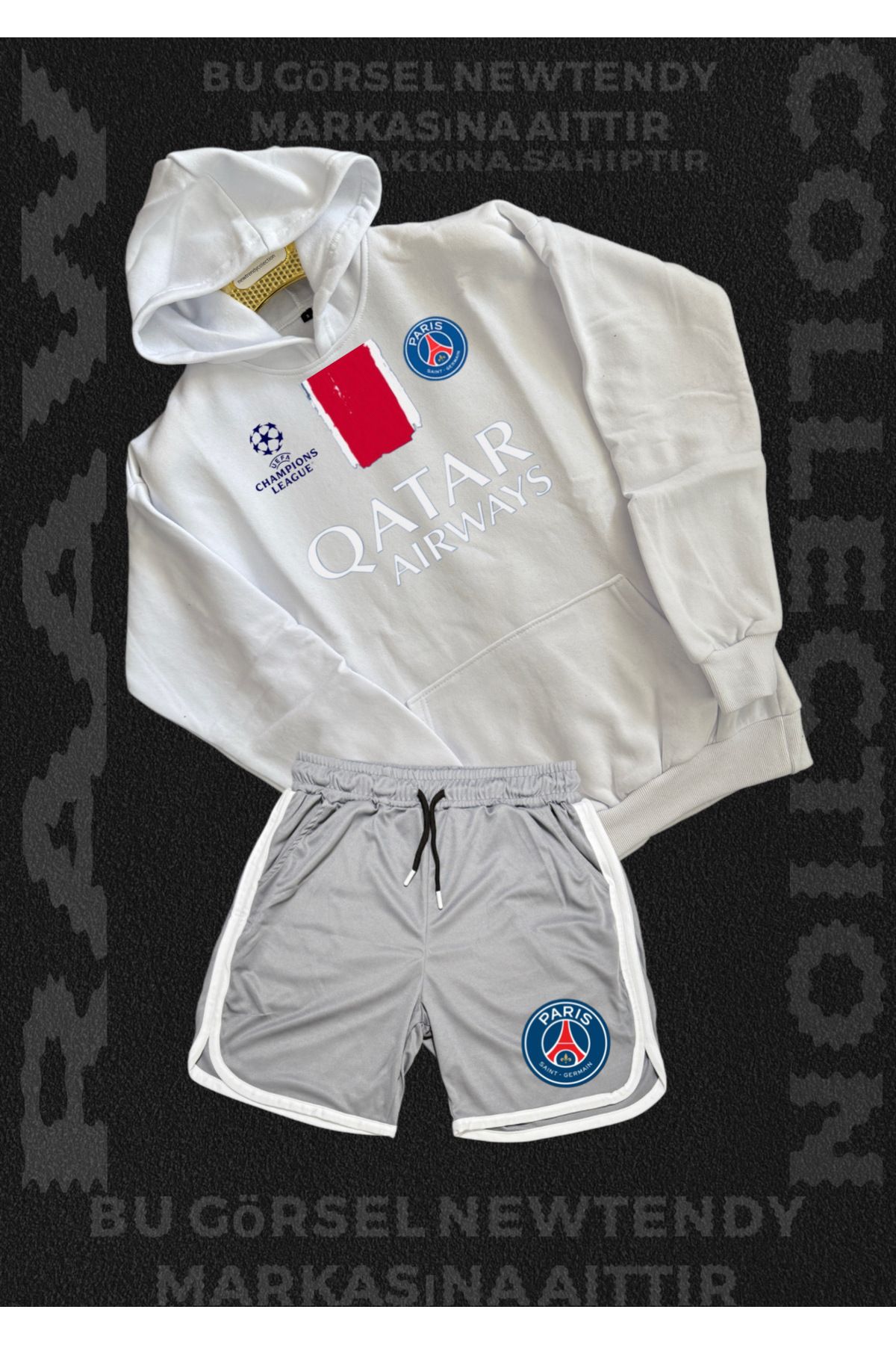 Minikelya Paris Sweatshirt Şort Takım Erkek Kapüşonlu Üst Gri siyah kırmızı Alt Spor Taraftar Kombin