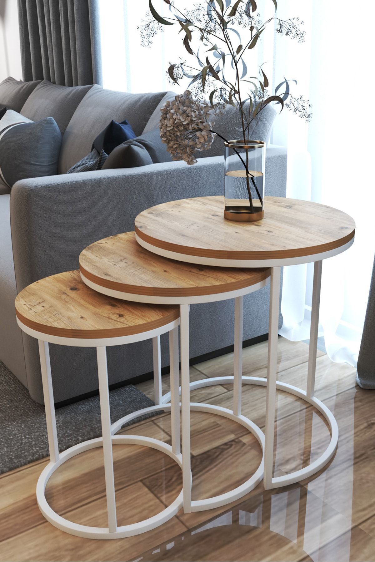 home plus mobilya 3'lü Zigon Sehpa Beyaz Ayak Atlantik Çam 18mm Sunta
