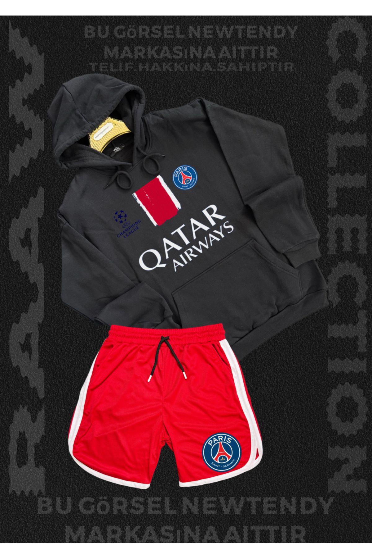 Minikelya Paris Sweatshirt Şort Takım Erkek Kapüşonlu Üst Gri siyah kırmızı Alt Spor Taraftar Kombin
