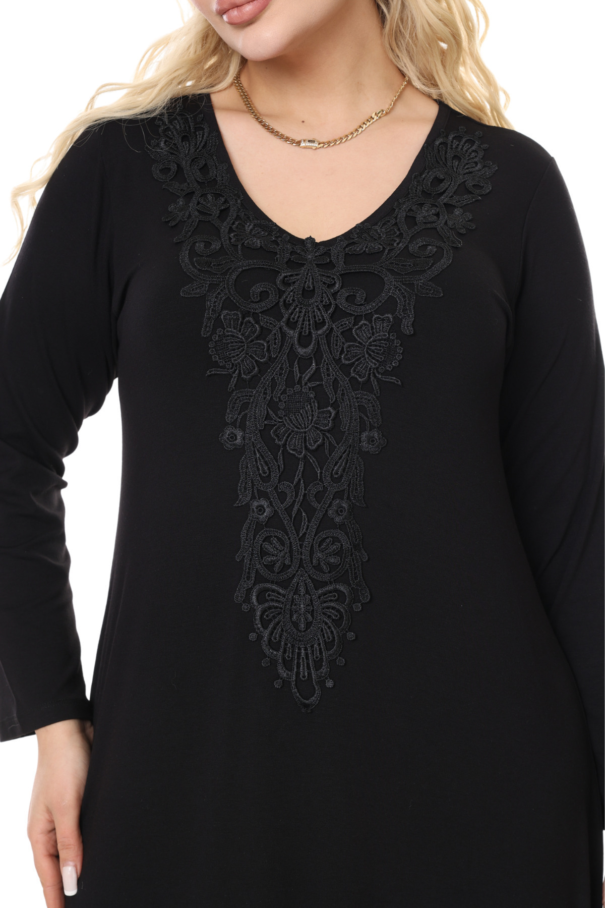 MELSAY-Women's Long Sleeve Black Guipure Collar Detailed Large Size Long Dress 6