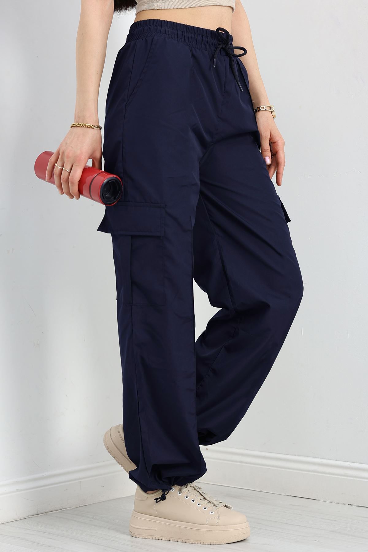 OXVİN Kadın Oversize Paraşüt Kumaş Kargo Cep, Paça Klipsli, Baggy Pantolon