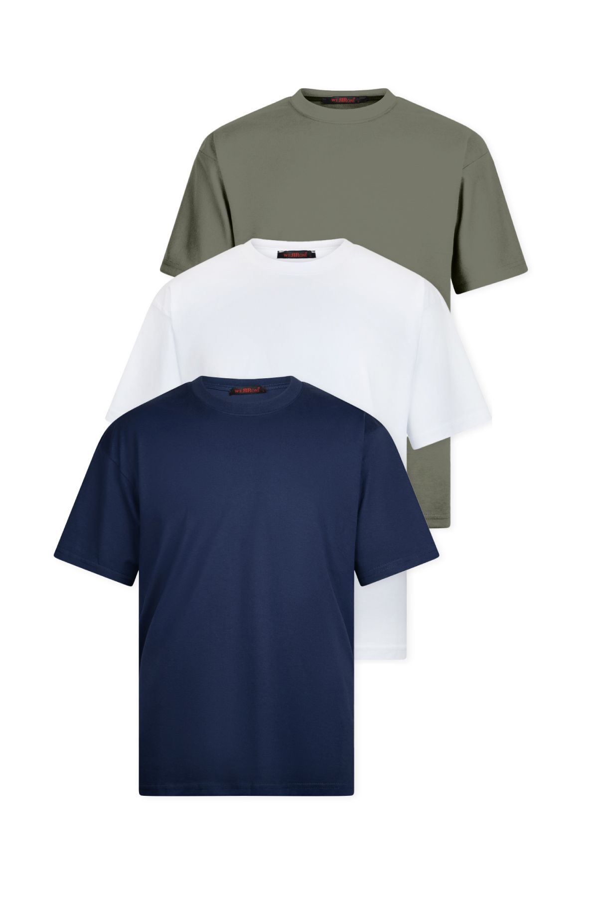 WERRONİ 3'lü Set Oversize Basic T-Shirt, Lacivert - Beyaz - Haki