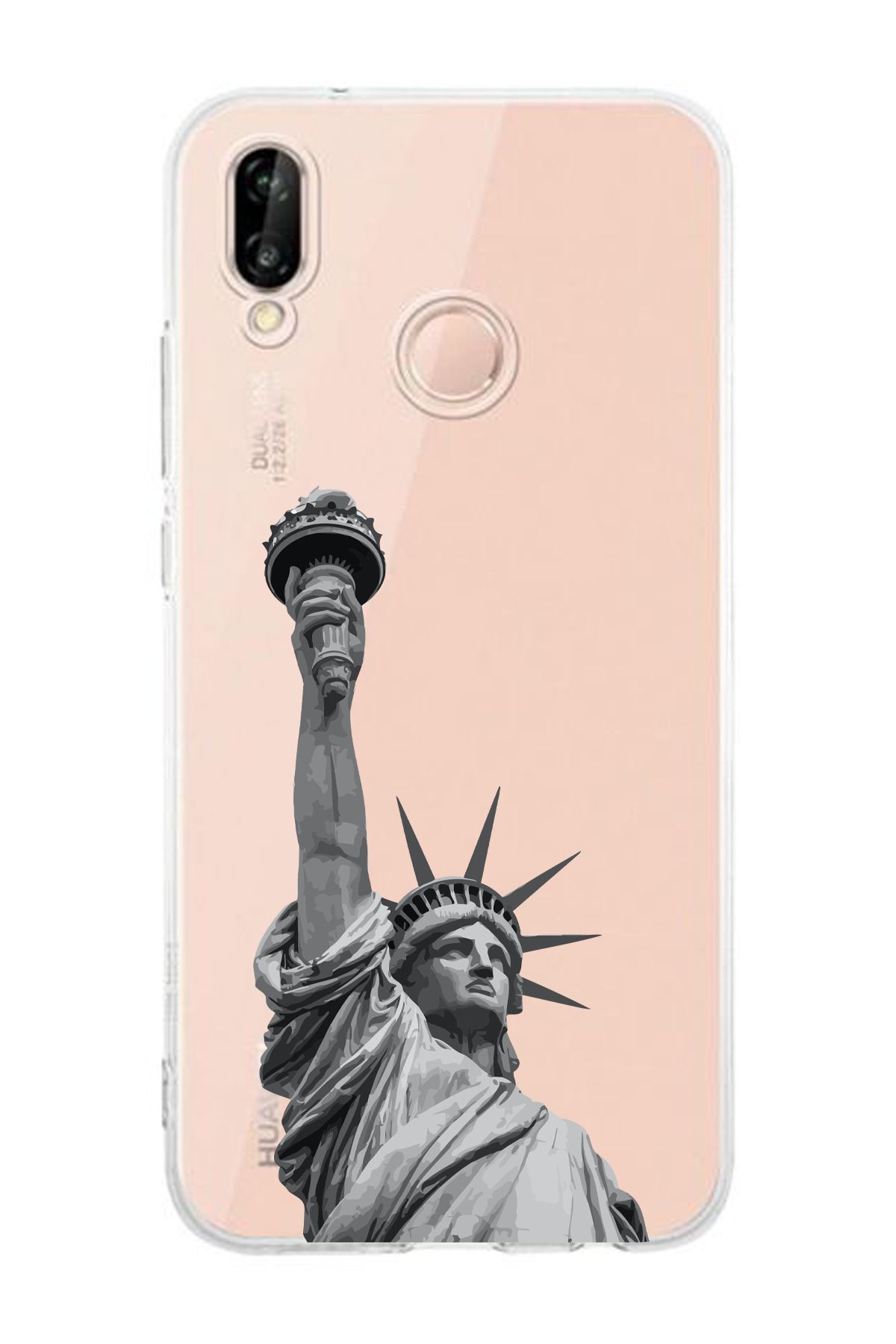 moonset Huawei P20 Lite Uyumlu Özgürlük Heykeli Tasarımlı Baskılı Şeffaf Telefon Kılıfı